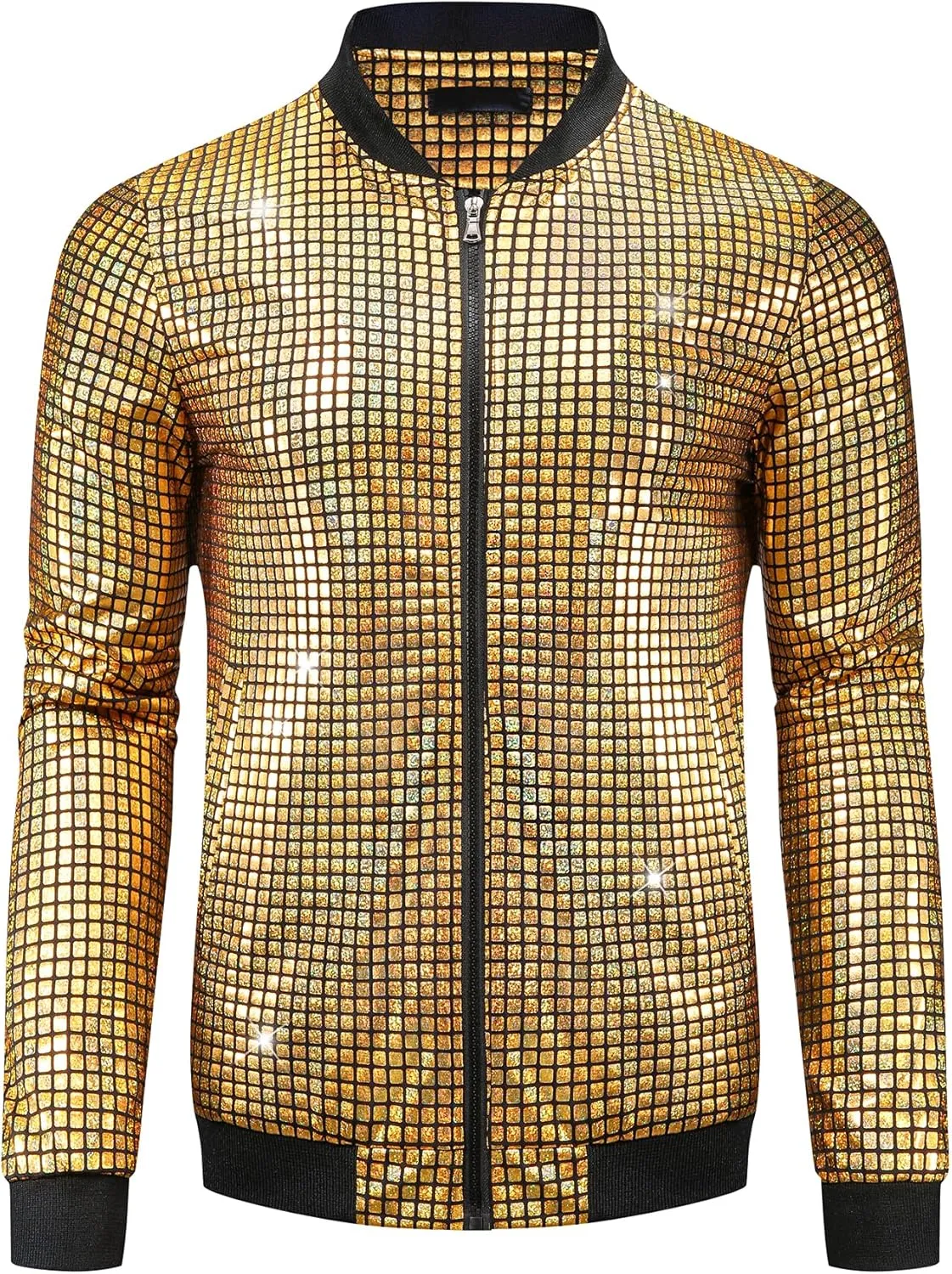 Lars Amadeus 70s Disco Varsity Jackets for Men's Zipper Party Shiny Holographic Metallic Bomber Jackets