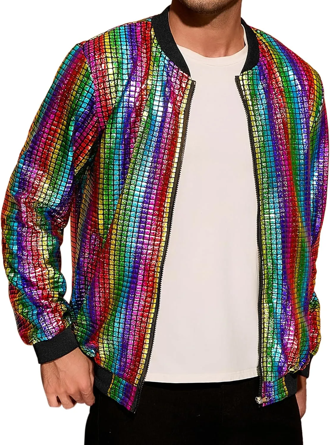 Lars Amadeus 70s Disco Varsity Jackets for Men's Zipper Party Shiny Holographic Metallic Bomber Jackets