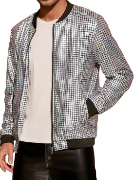 Lars Amadeus 70s Disco Varsity Jackets for Men's Zipper Party Shiny Holographic Metallic Bomber Jackets
