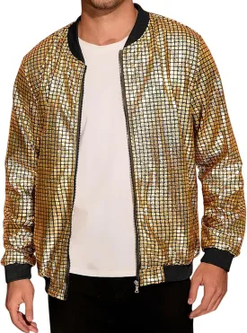 Lars Amadeus 70s Disco Varsity Jackets for Men's Zipper Party Shiny Holographic Metallic Bomber Jackets
