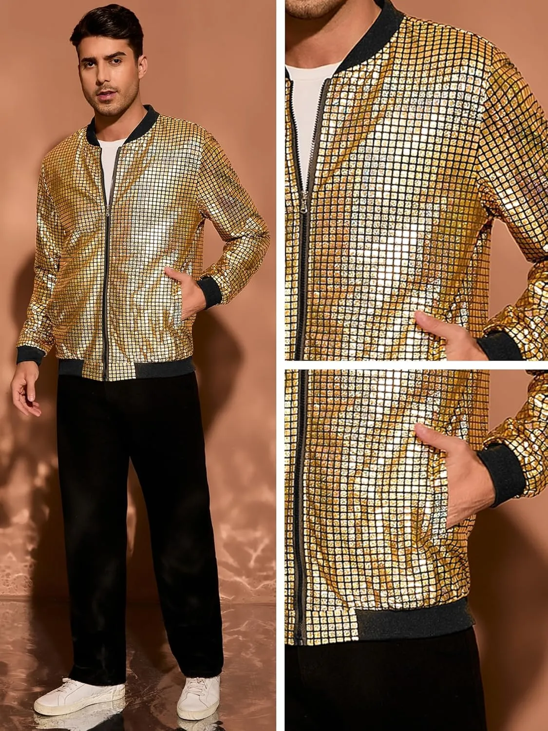 Lars Amadeus 70s Disco Varsity Jackets for Men's Zipper Party Shiny Holographic Metallic Bomber Jackets
