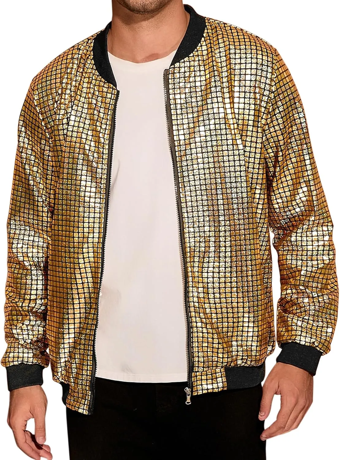 Lars Amadeus 70s Disco Varsity Jackets for Men's Zipper Party Shiny Holographic Metallic Bomber Jackets