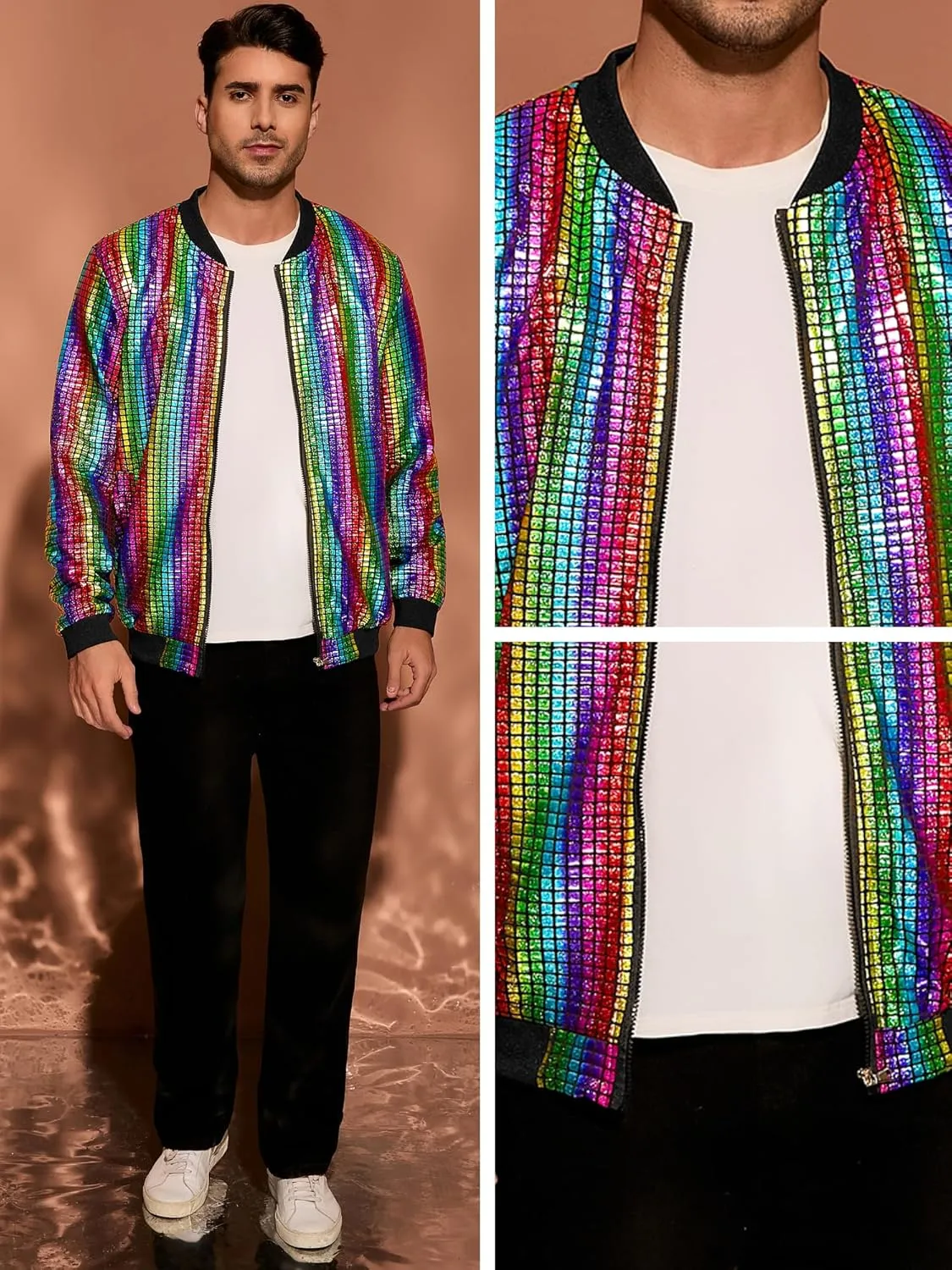 Lars Amadeus 70s Disco Varsity Jackets for Men's Zipper Party Shiny Holographic Metallic Bomber Jackets
