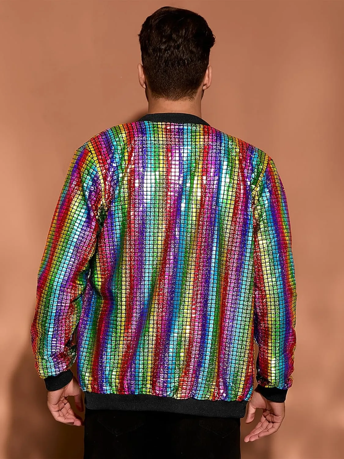 Lars Amadeus 70s Disco Varsity Jackets for Men's Zipper Party Shiny Holographic Metallic Bomber Jackets