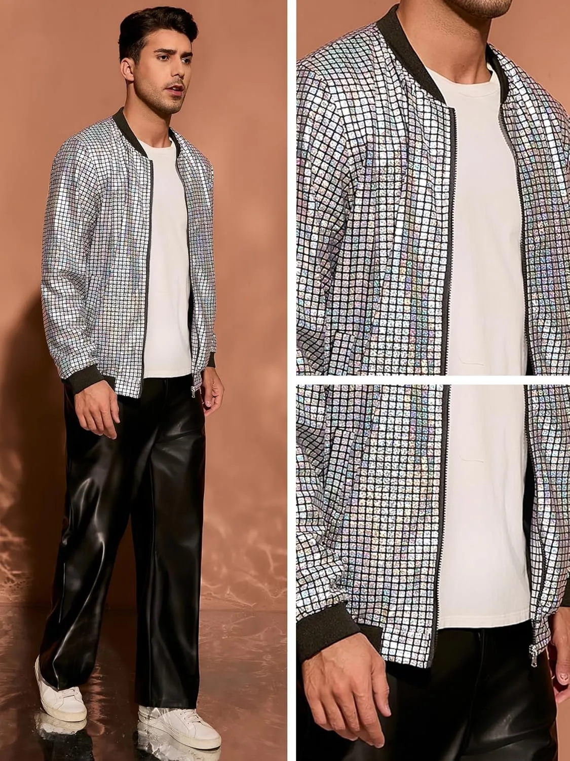 Lars Amadeus 70s Disco Varsity Jackets for Men's Zipper Party Shiny Holographic Metallic Bomber Jackets