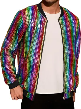 Lars Amadeus 70s Disco Varsity Jackets for Men's Zipper Party Shiny Holographic Metallic Bomber Jackets