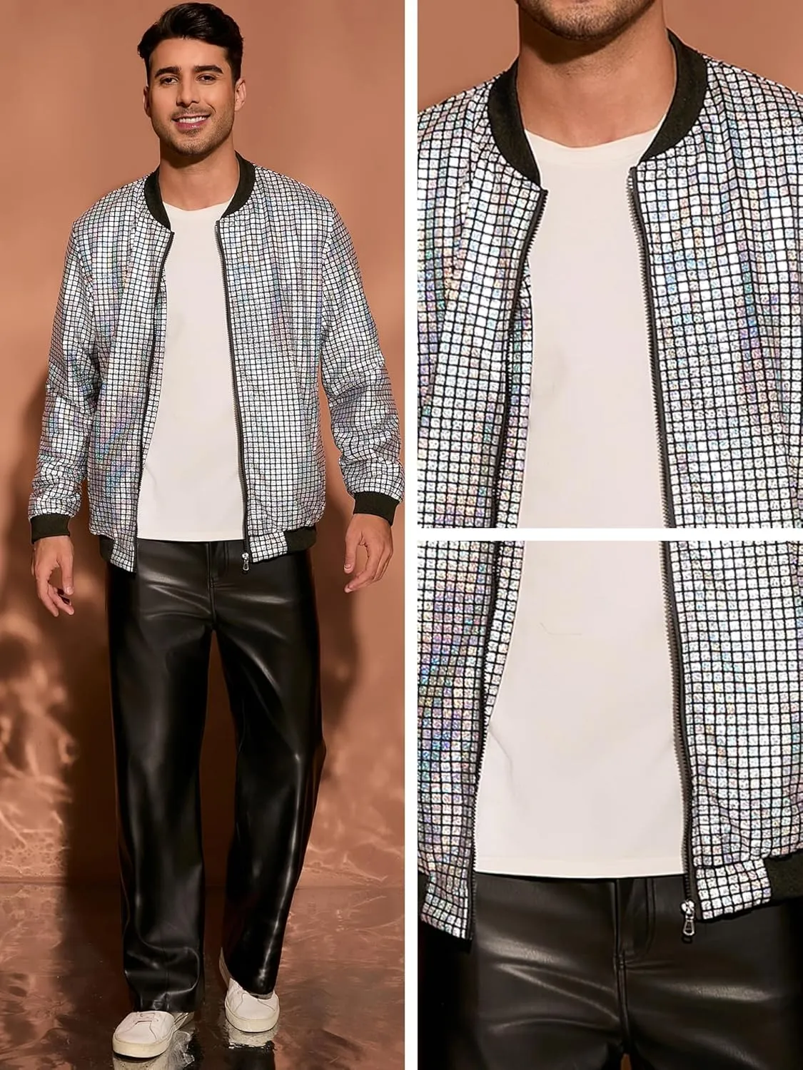 Lars Amadeus 70s Disco Varsity Jackets for Men's Zipper Party Shiny Holographic Metallic Bomber Jackets