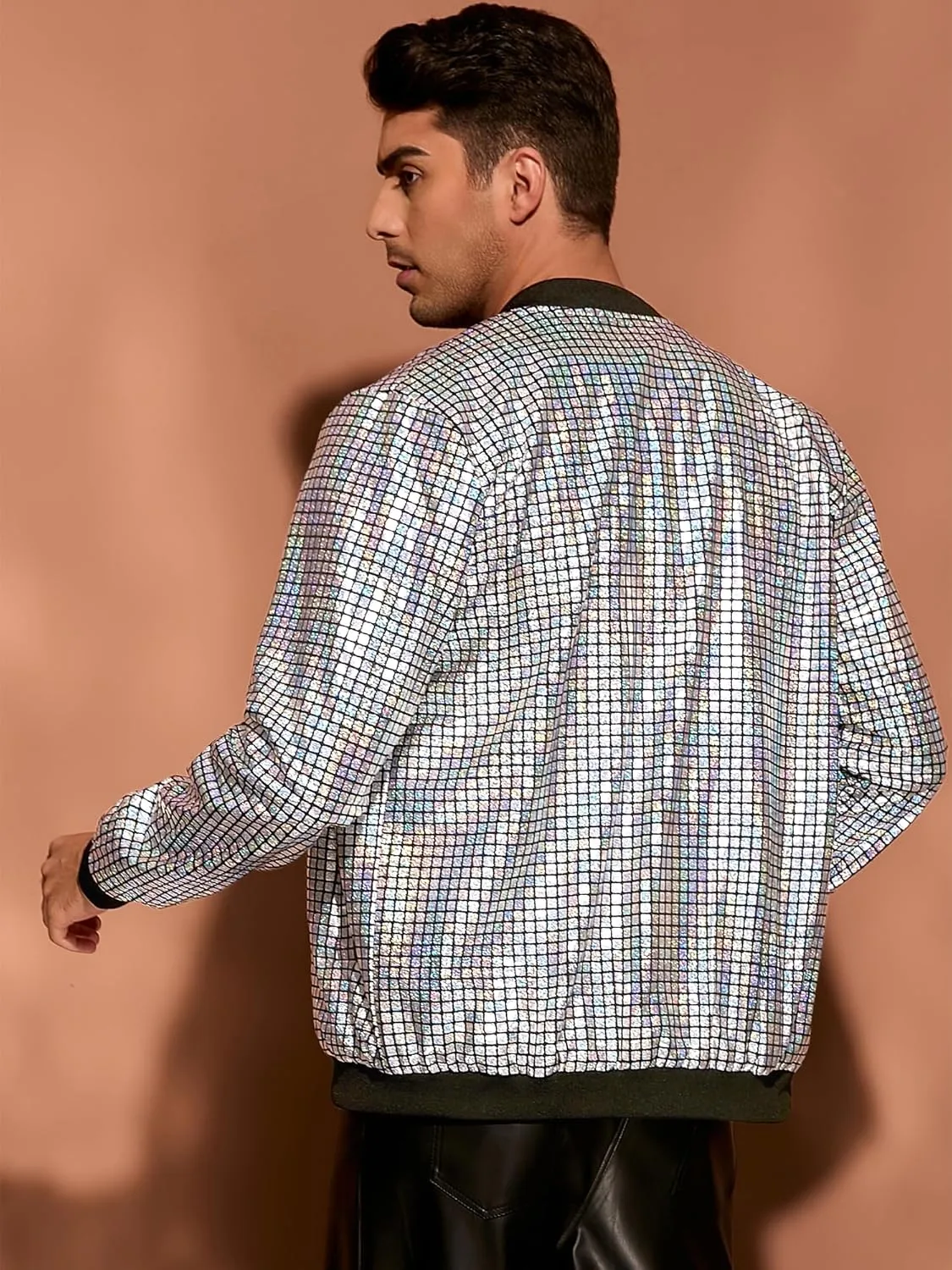 Lars Amadeus 70s Disco Varsity Jackets for Men's Zipper Party Shiny Holographic Metallic Bomber Jackets