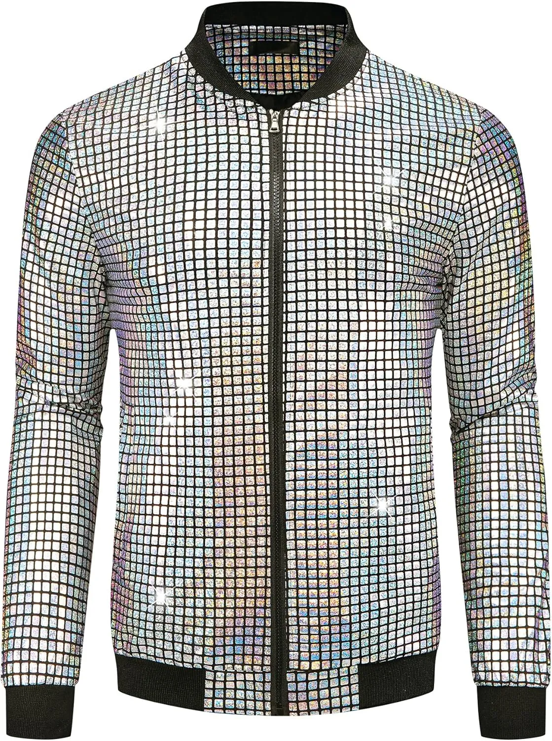 Lars Amadeus 70s Disco Varsity Jackets for Men's Zipper Party Shiny Holographic Metallic Bomber Jackets