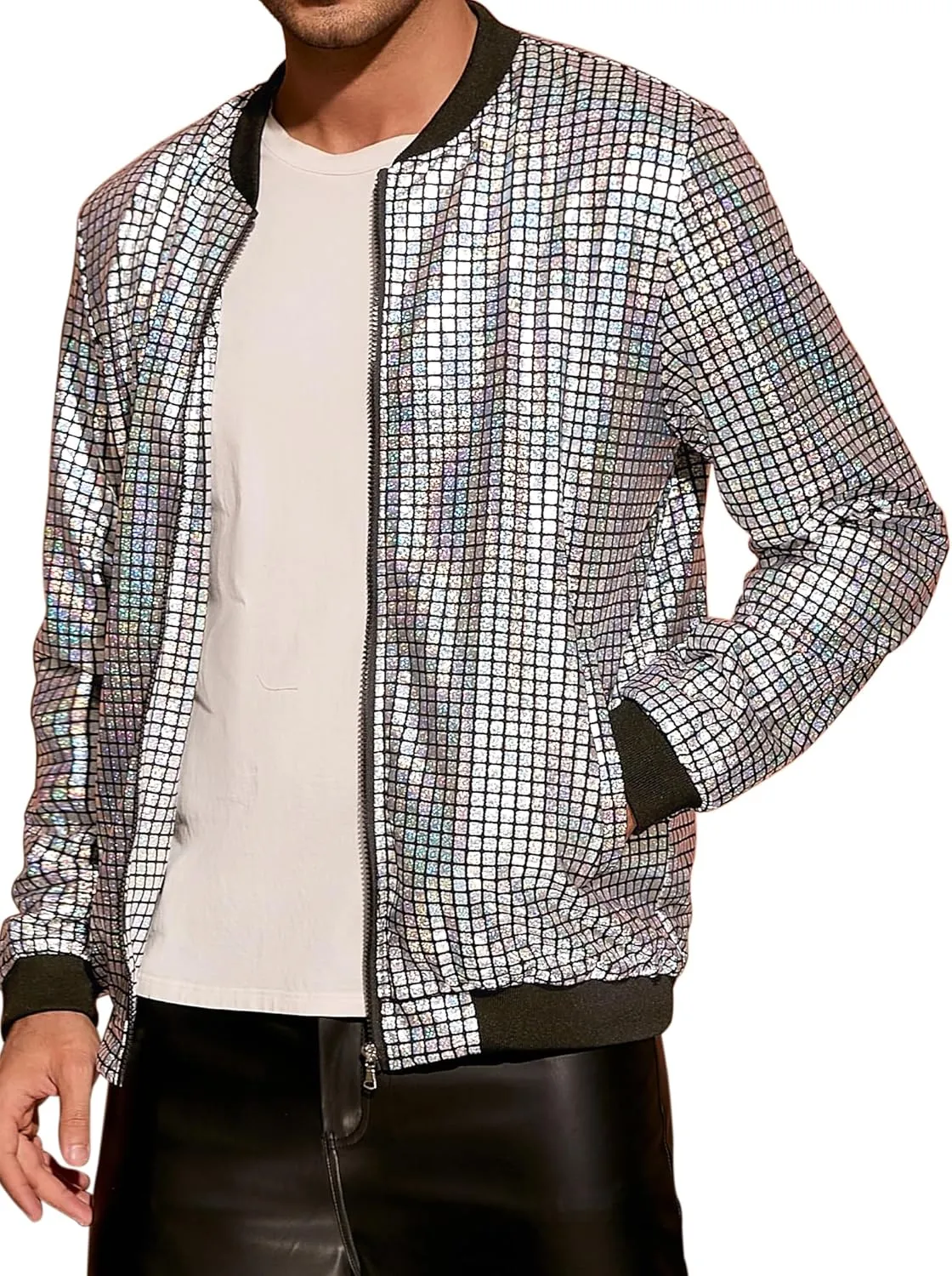 Lars Amadeus 70s Disco Varsity Jackets for Men's Zipper Party Shiny Holographic Metallic Bomber Jackets