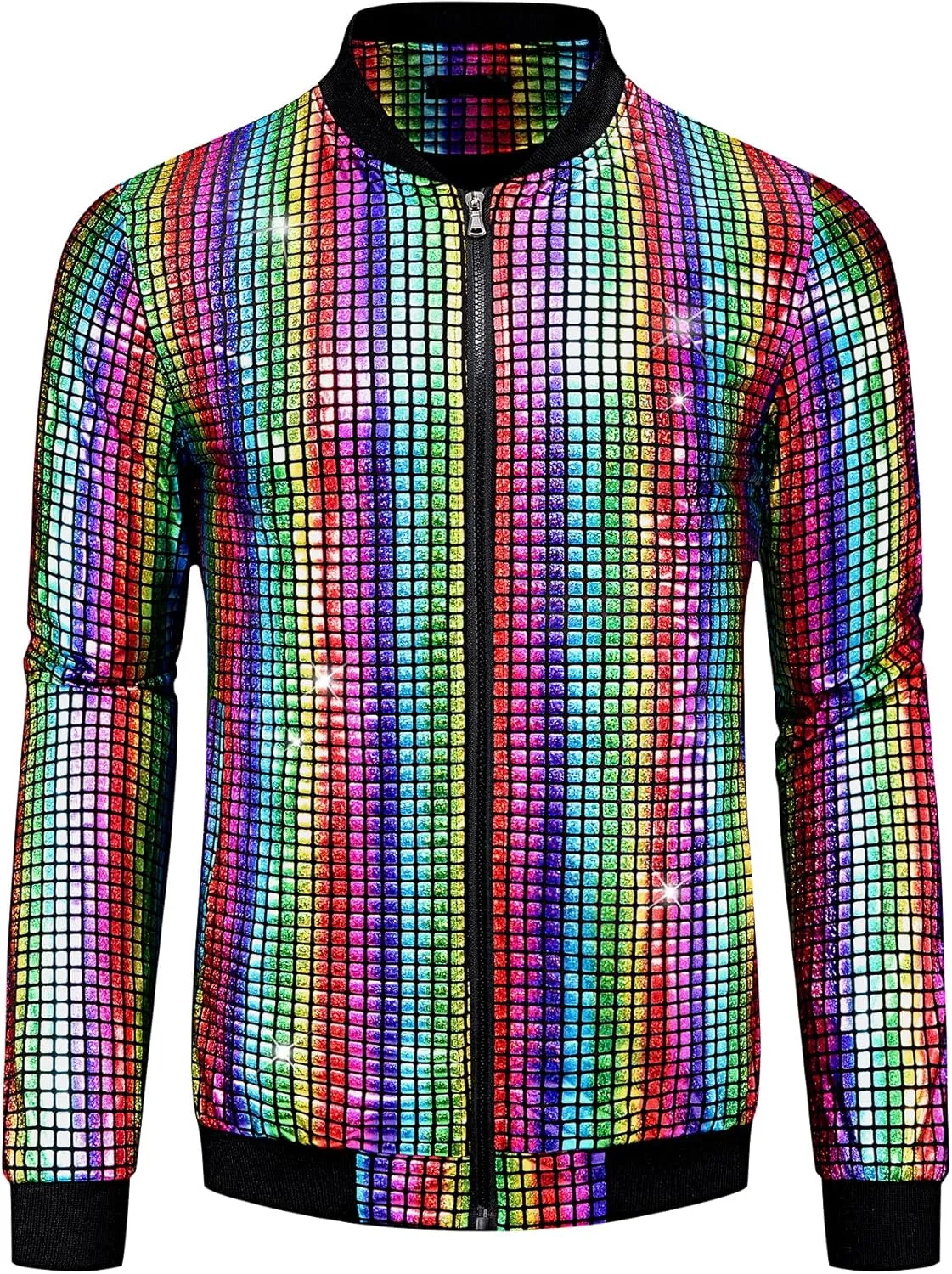 Lars Amadeus 70s Disco Varsity Jackets for Men's Zipper Party Shiny Holographic Metallic Bomber Jackets