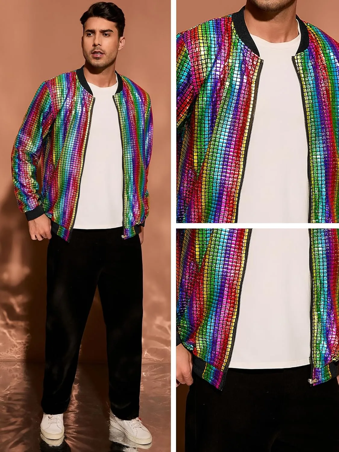 Lars Amadeus 70s Disco Varsity Jackets for Men's Zipper Party Shiny Holographic Metallic Bomber Jackets