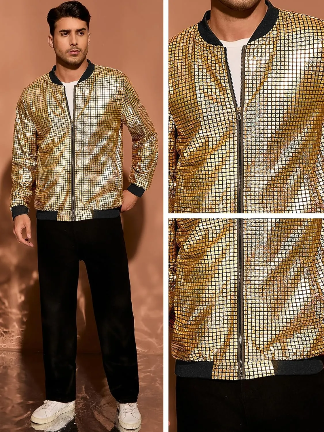 Lars Amadeus 70s Disco Varsity Jackets for Men's Zipper Party Shiny Holographic Metallic Bomber Jackets