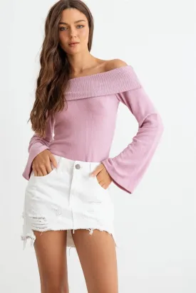 Lilac Collar Neck Off-The-Shoulder Bell Long Sleeve Top /3-2-1