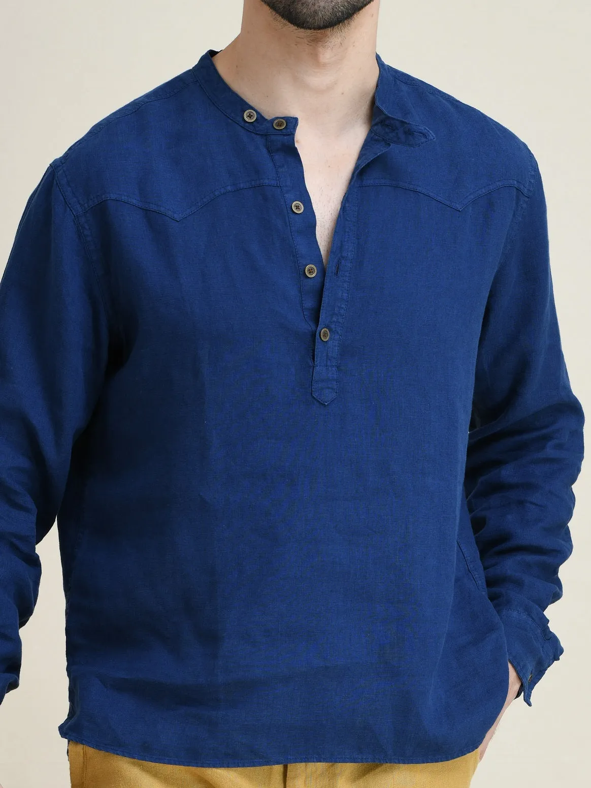 LINEN HALF-PLACKET PULL-ON SHIRT-BAND COLLAR WITH BUTTON-TAB