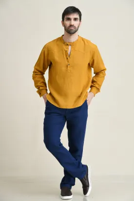 LINEN HALF-PLACKET PULL-ON SHIRT-BAND COLLAR WITH BUTTON-TAB