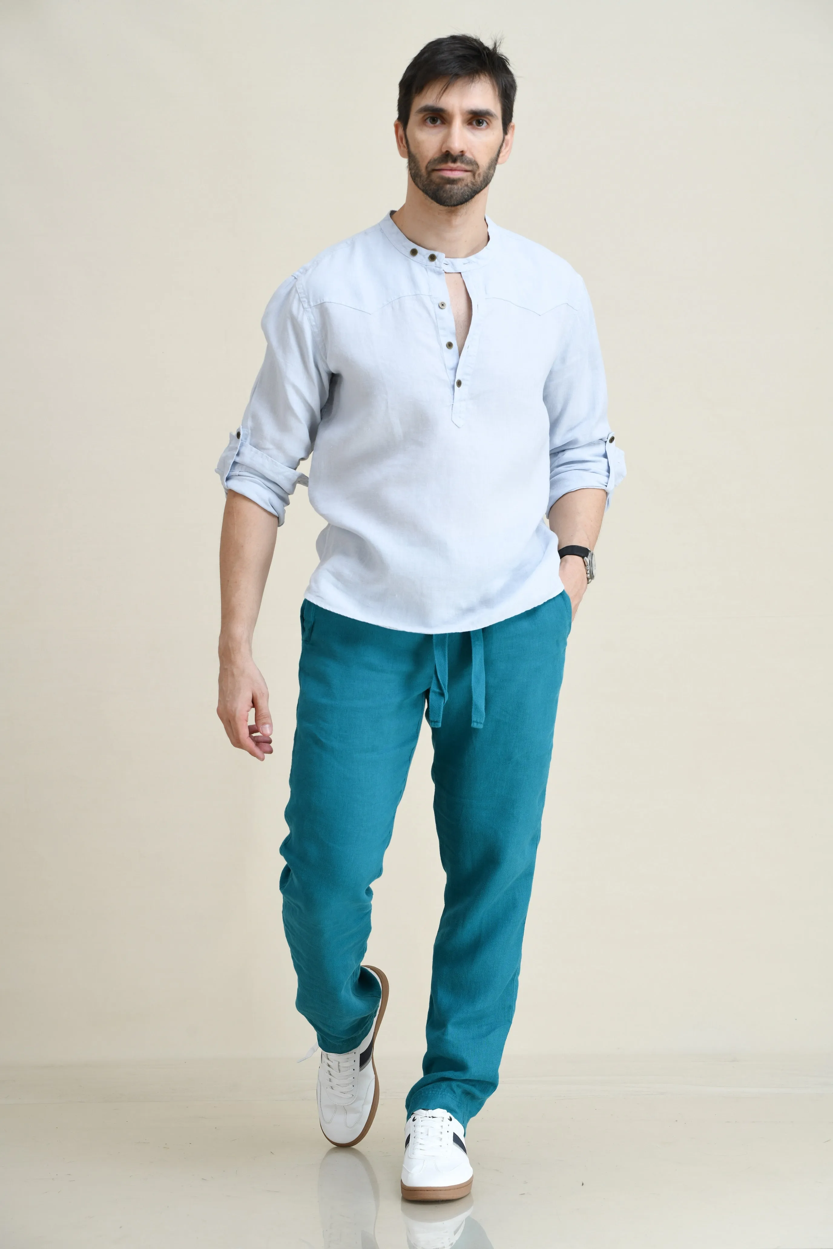 LINEN HALF-PLACKET PULL-ON SHIRT-BAND COLLAR WITH BUTTON-TAB