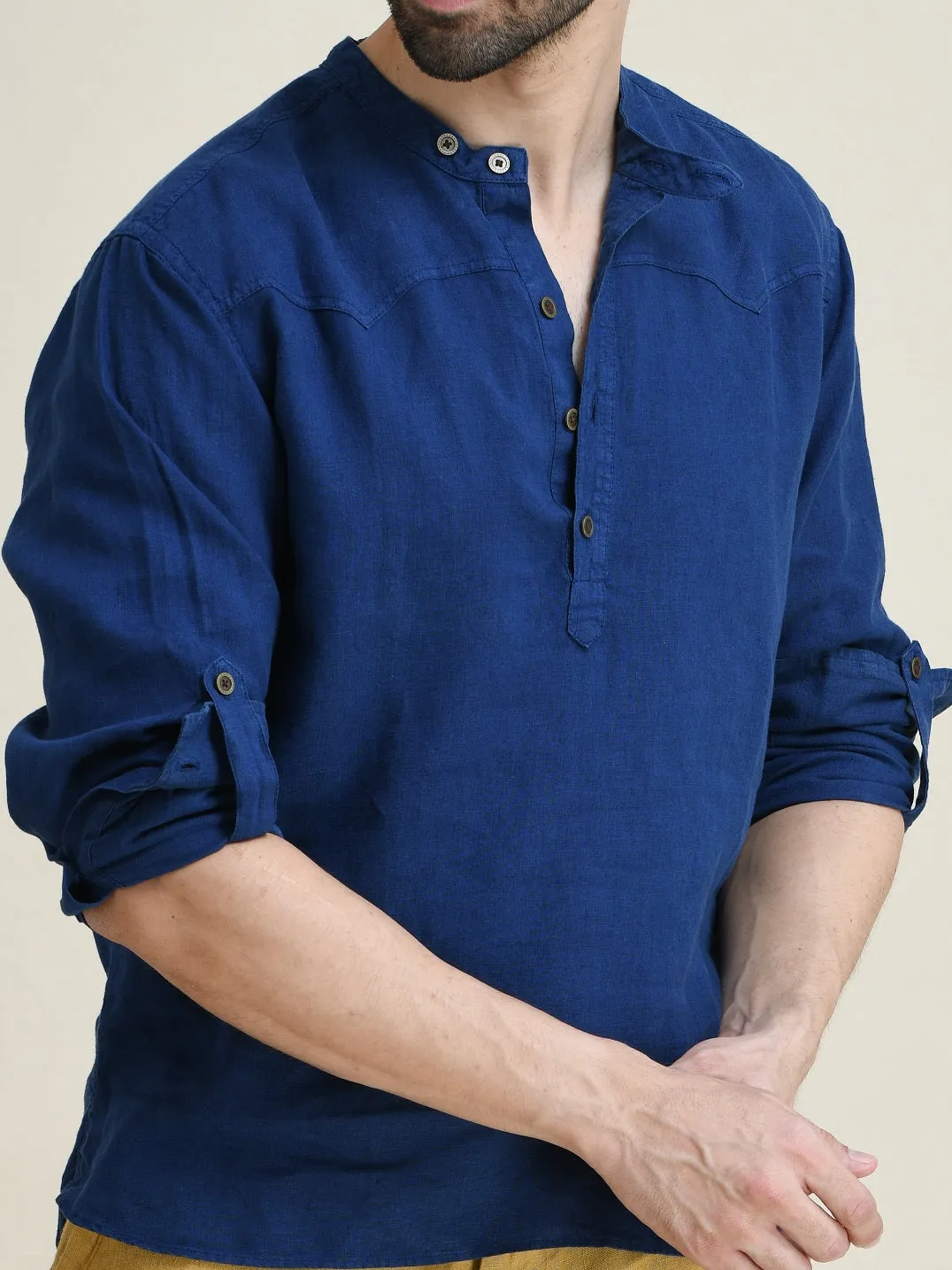 LINEN HALF-PLACKET PULL-ON SHIRT-BAND COLLAR WITH BUTTON-TAB