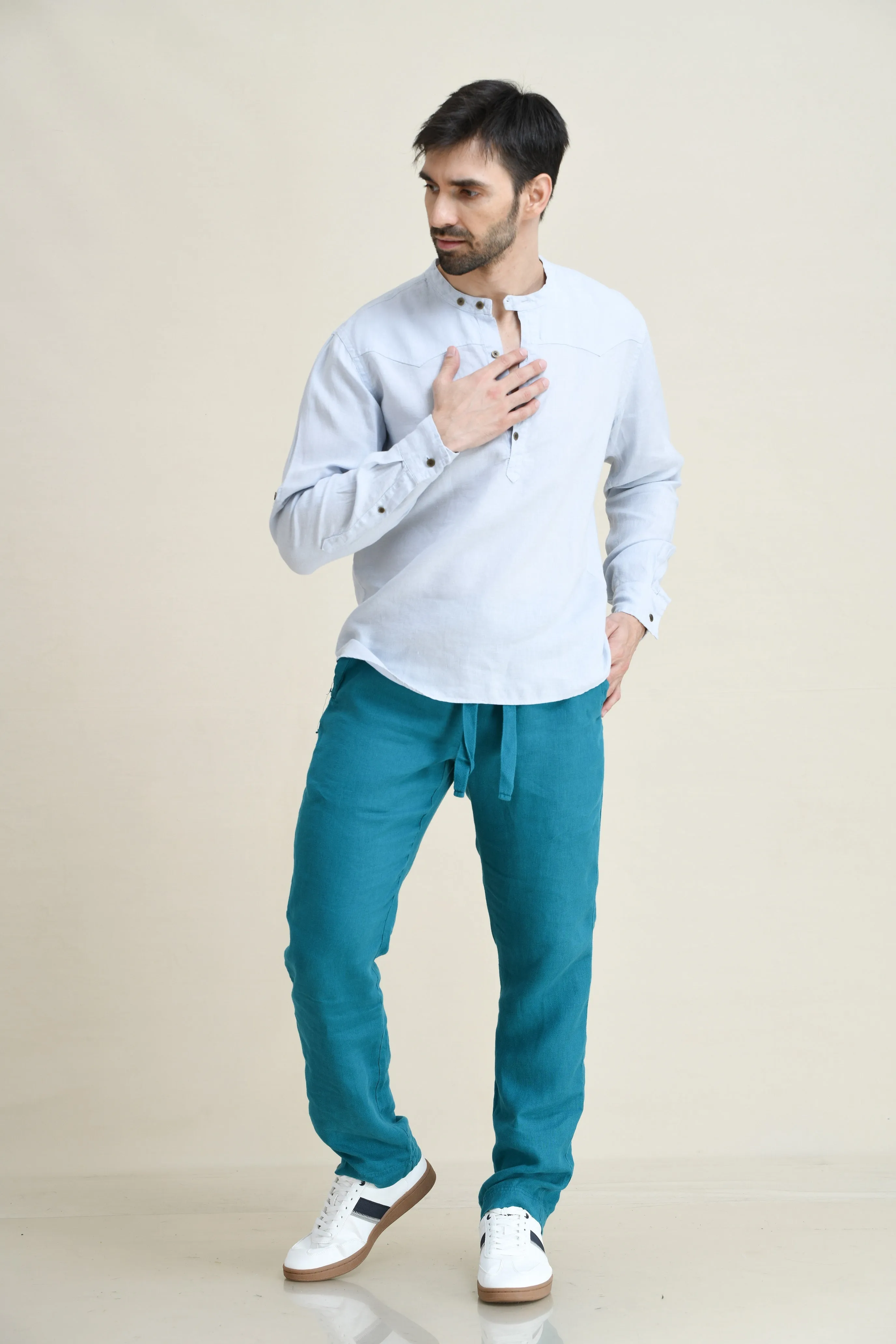 LINEN HALF-PLACKET PULL-ON SHIRT-BAND COLLAR WITH BUTTON-TAB