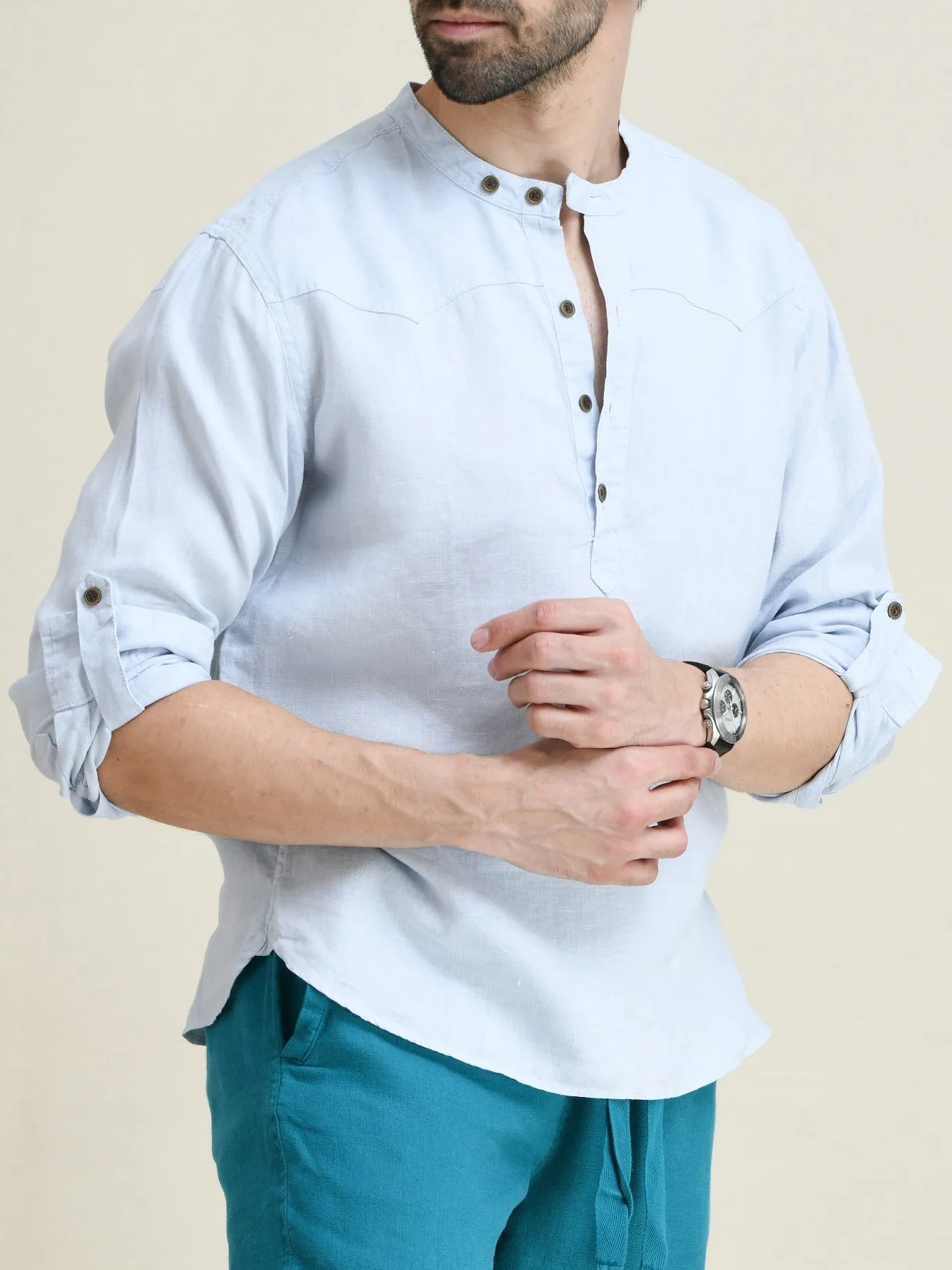 LINEN HALF-PLACKET PULL-ON SHIRT-BAND COLLAR WITH BUTTON-TAB