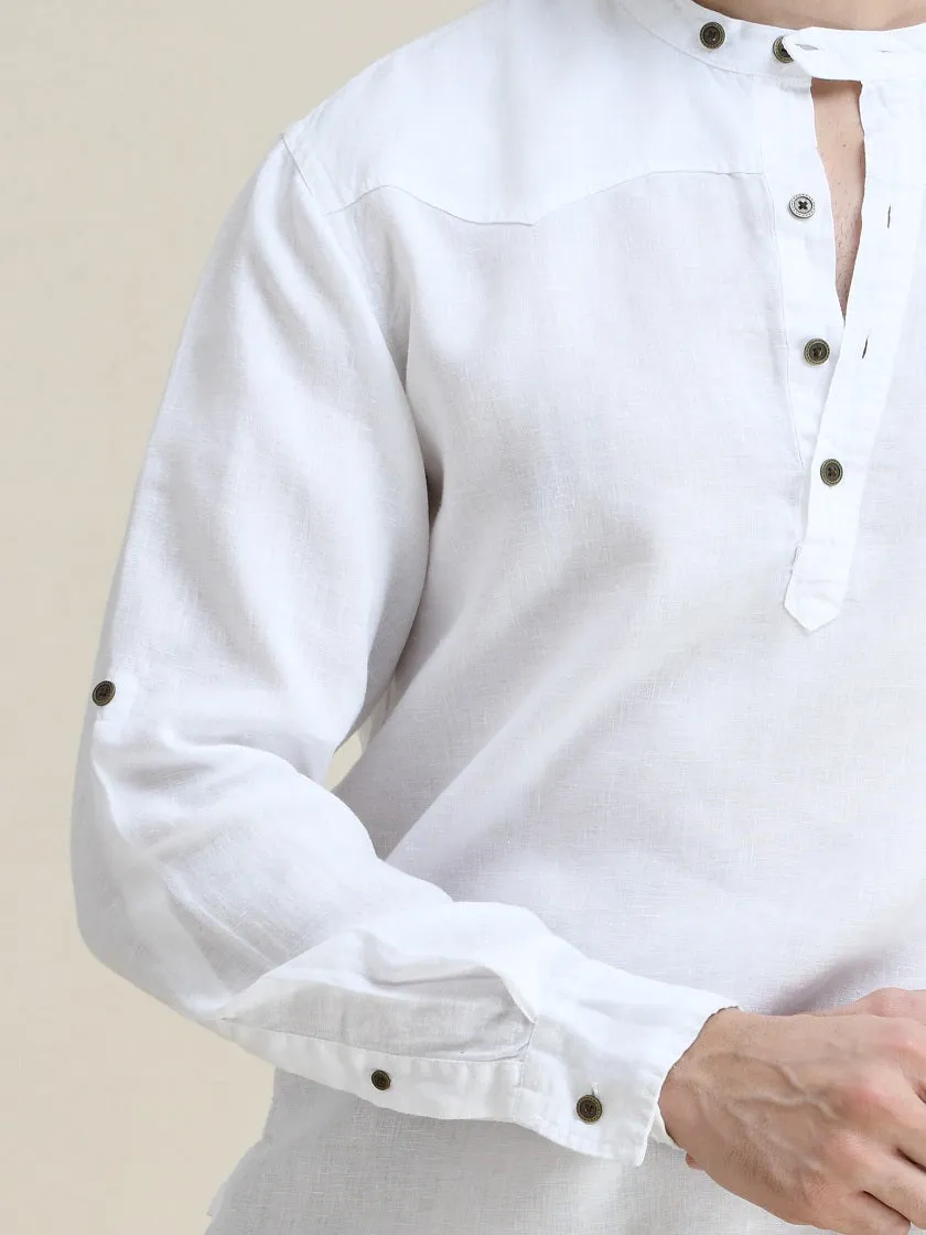 LINEN HALF-PLACKET PULL-ON SHIRT-BAND COLLAR WITH BUTTON-TAB