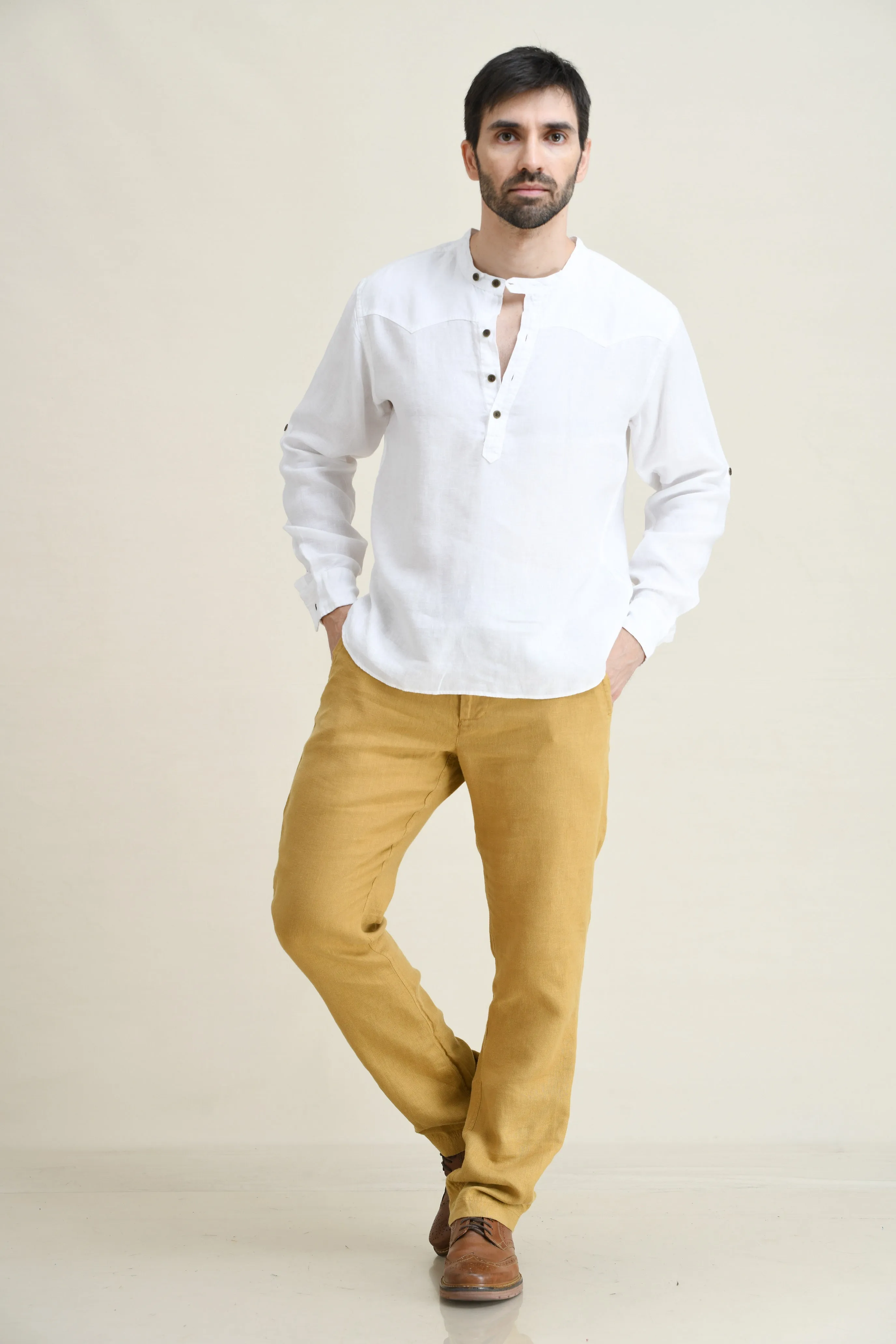 LINEN HALF-PLACKET PULL-ON SHIRT-BAND COLLAR WITH BUTTON-TAB