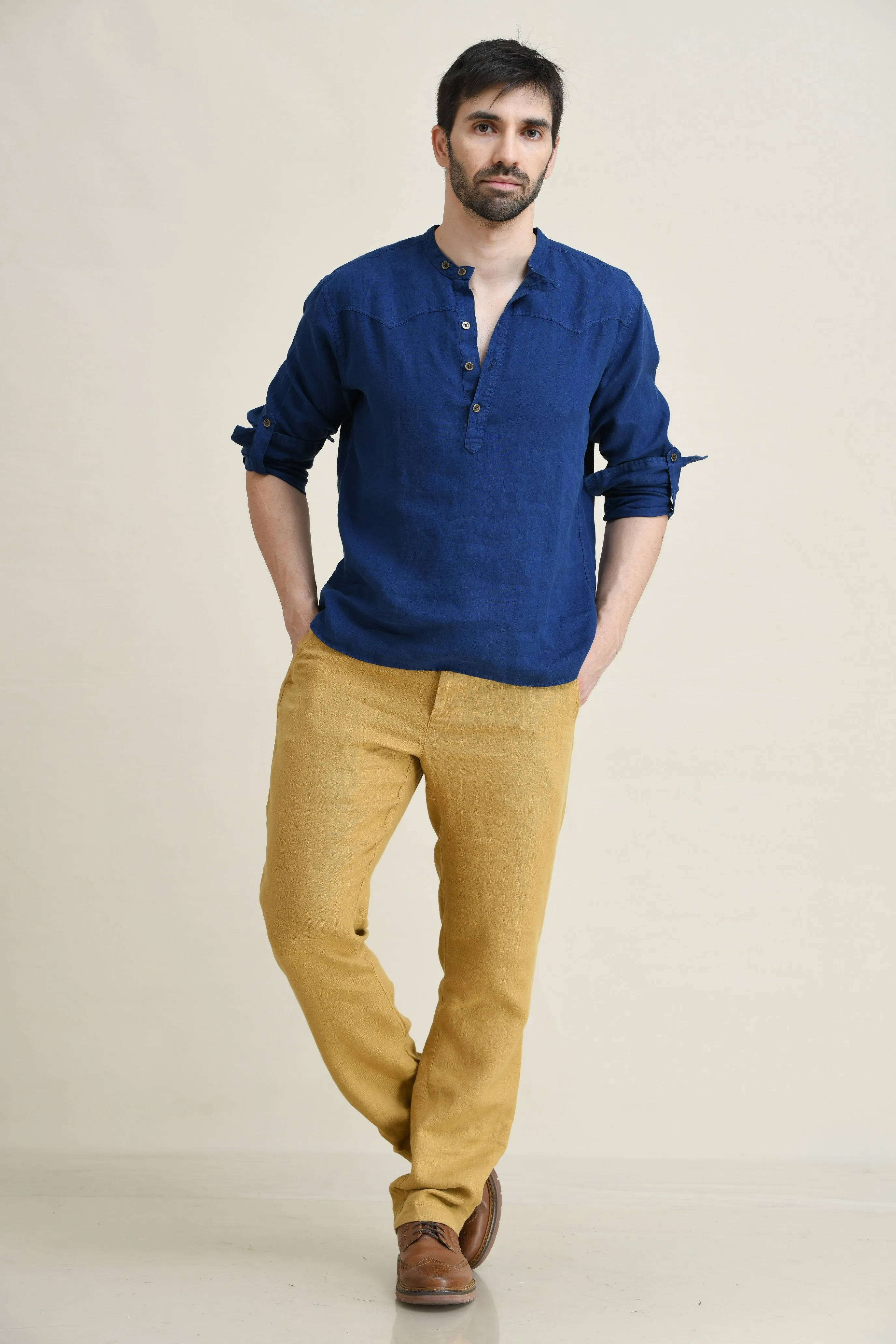LINEN HALF-PLACKET PULL-ON SHIRT-BAND COLLAR WITH BUTTON-TAB