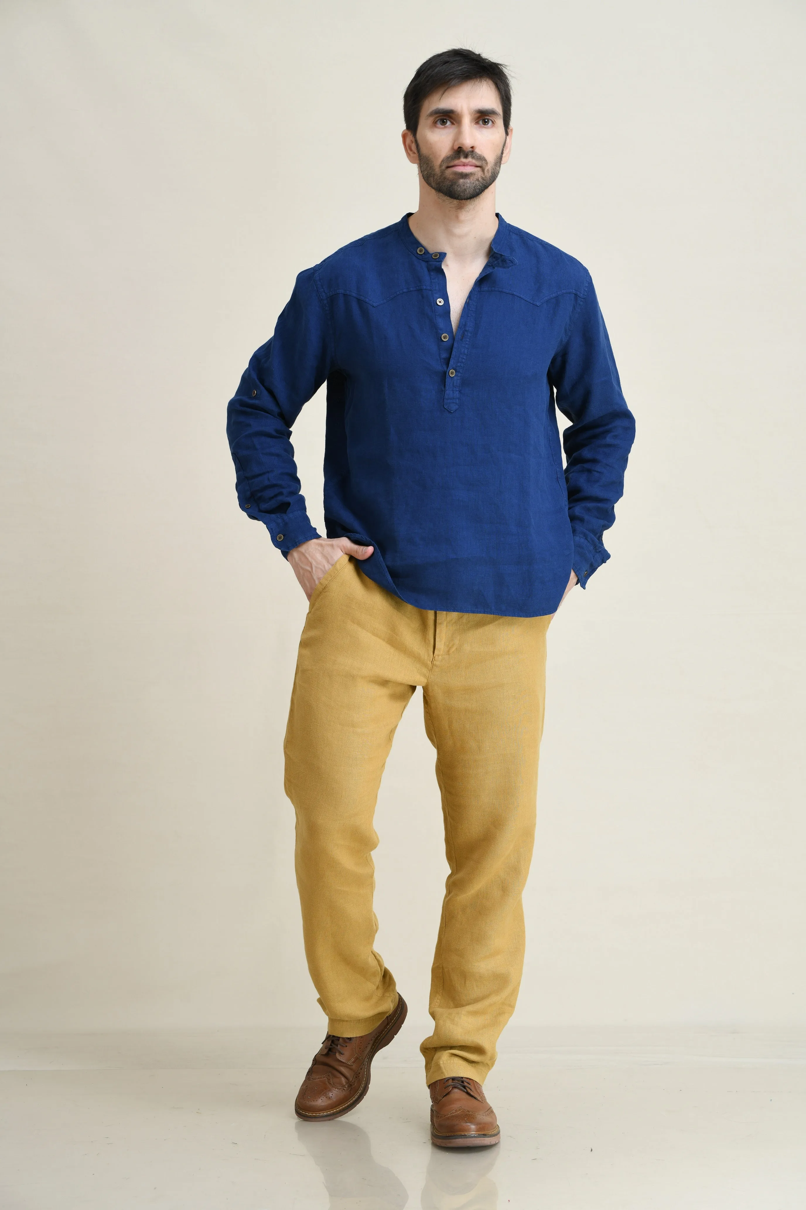 LINEN HALF-PLACKET PULL-ON SHIRT-BAND COLLAR WITH BUTTON-TAB