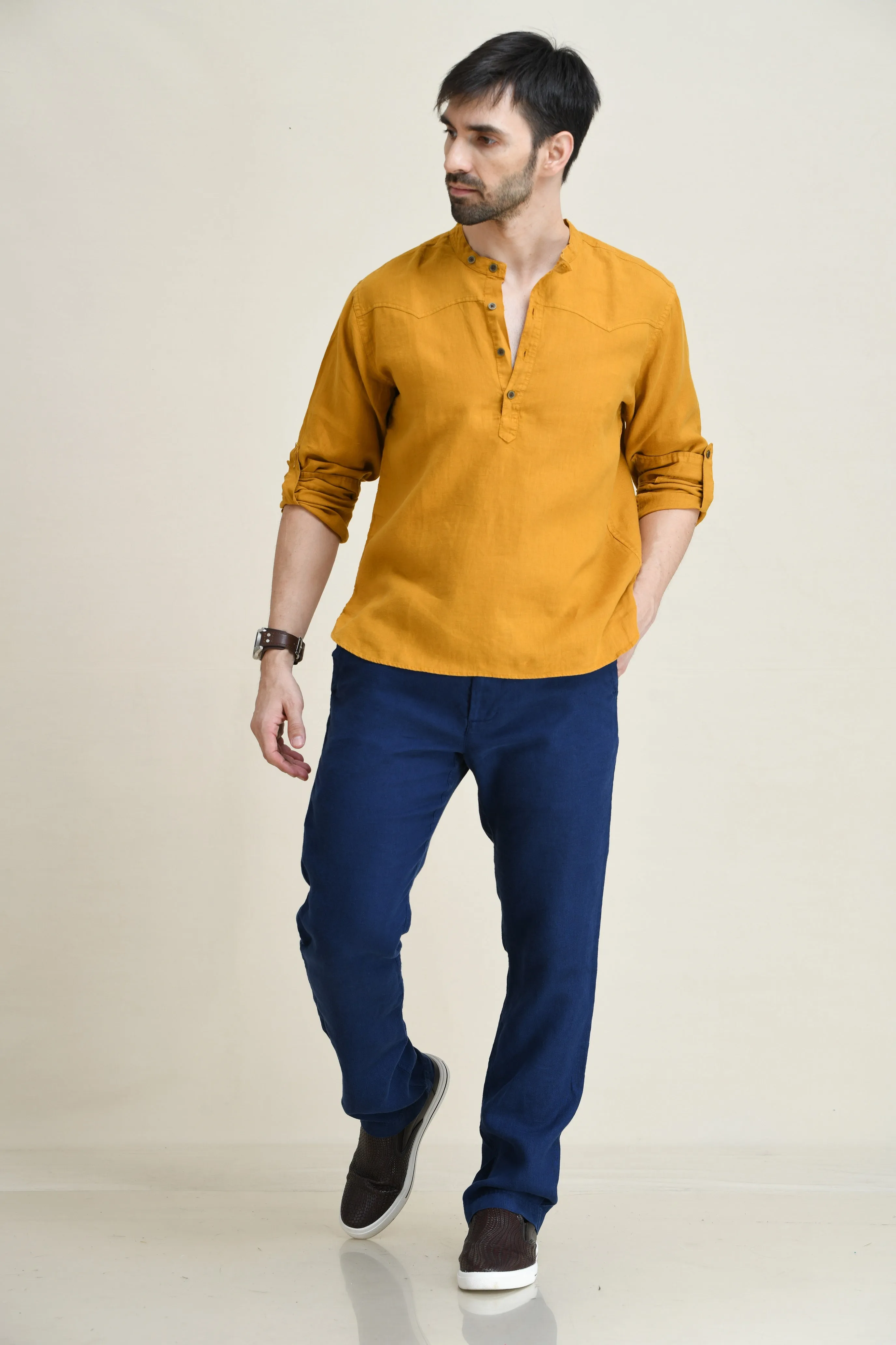 LINEN HALF-PLACKET PULL-ON SHIRT-BAND COLLAR WITH BUTTON-TAB