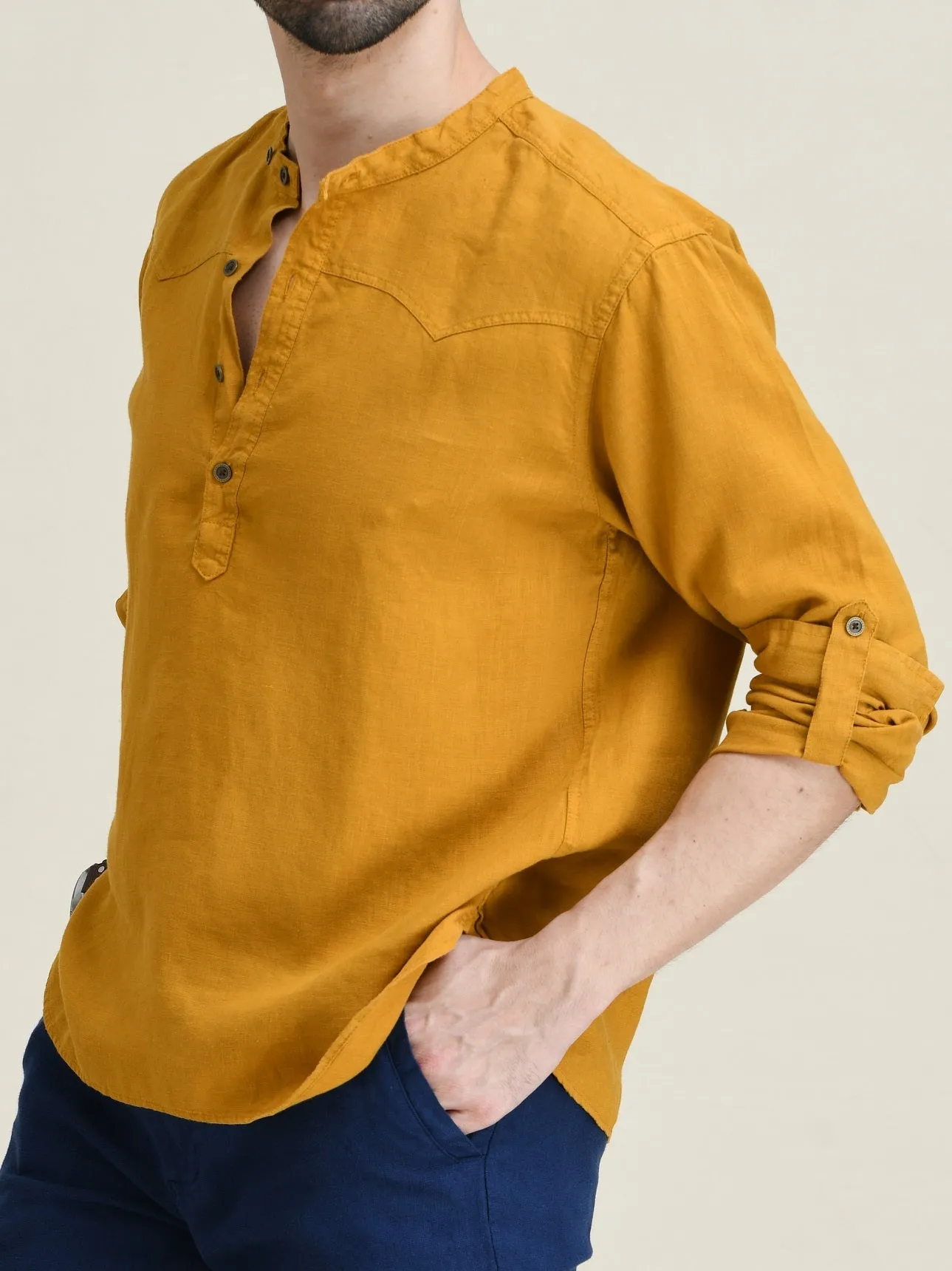 LINEN HALF-PLACKET PULL-ON SHIRT-BAND COLLAR WITH BUTTON-TAB