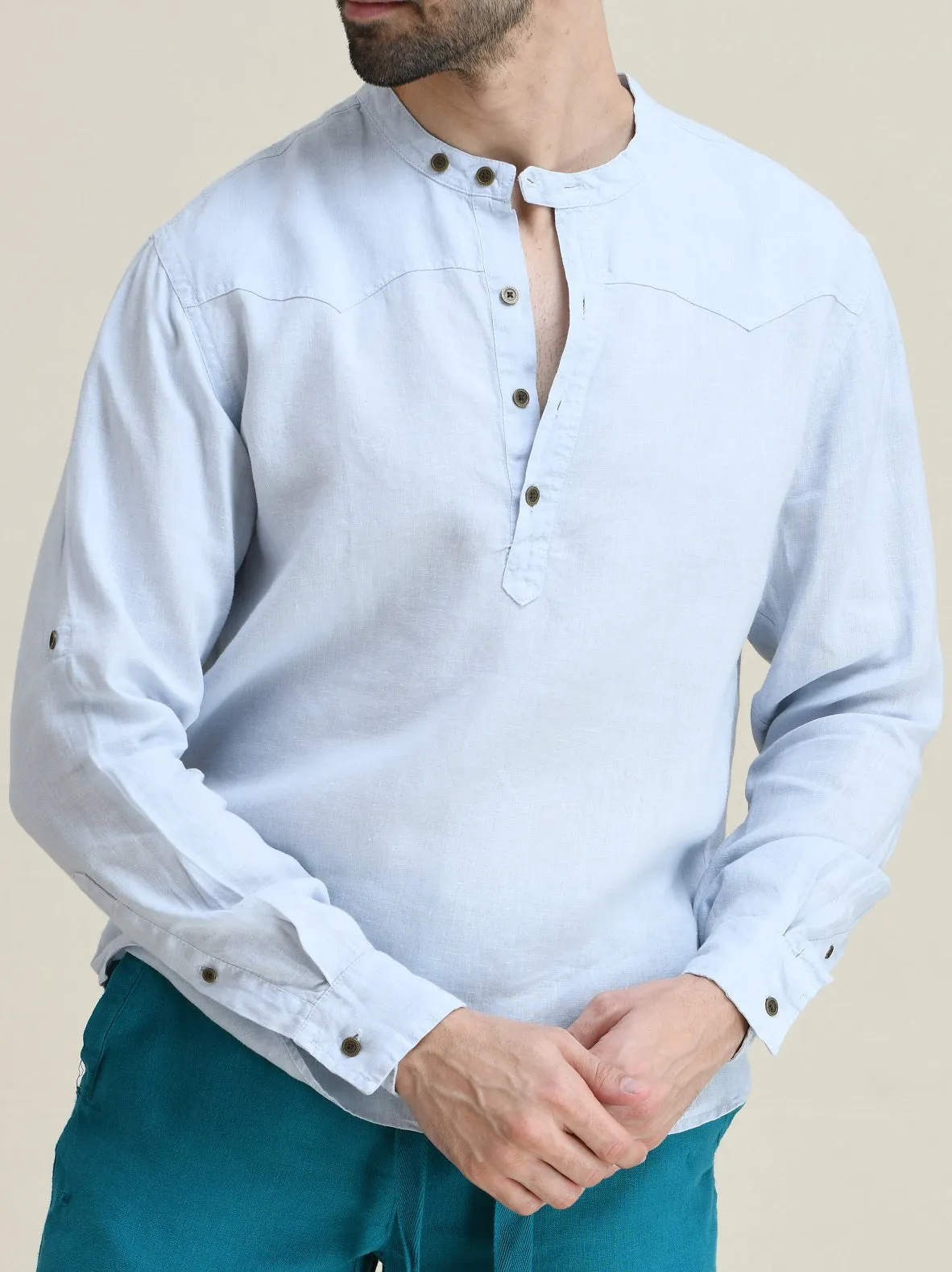 LINEN HALF-PLACKET PULL-ON SHIRT-BAND COLLAR WITH BUTTON-TAB