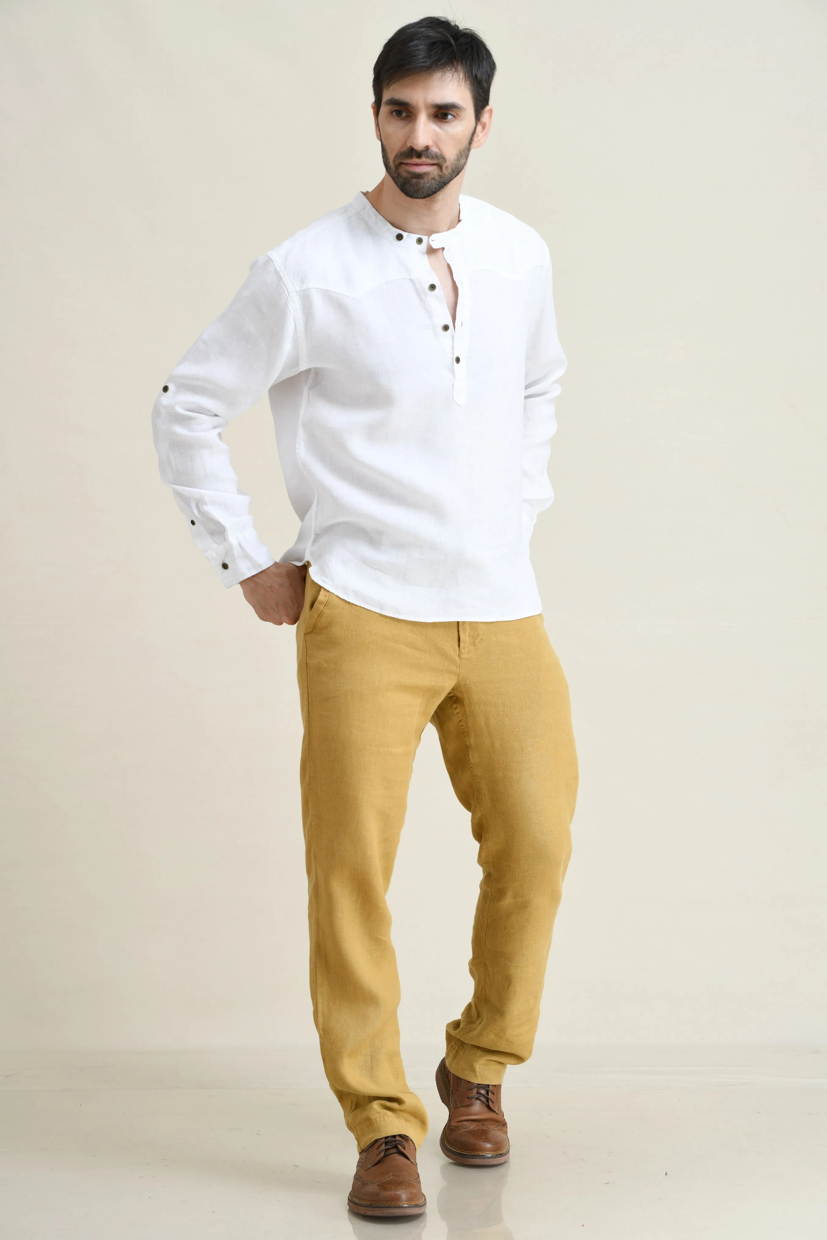 LINEN HALF-PLACKET PULL-ON SHIRT-BAND COLLAR WITH BUTTON-TAB
