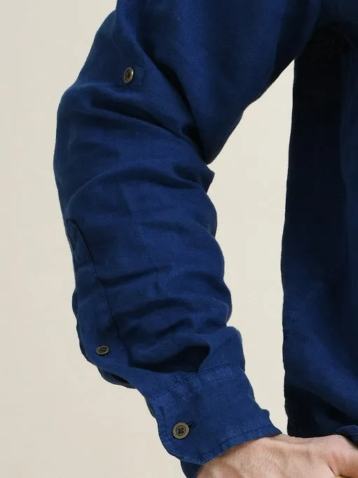 LINEN HALF-PLACKET PULL-ON SHIRT-BAND COLLAR WITH BUTTON-TAB