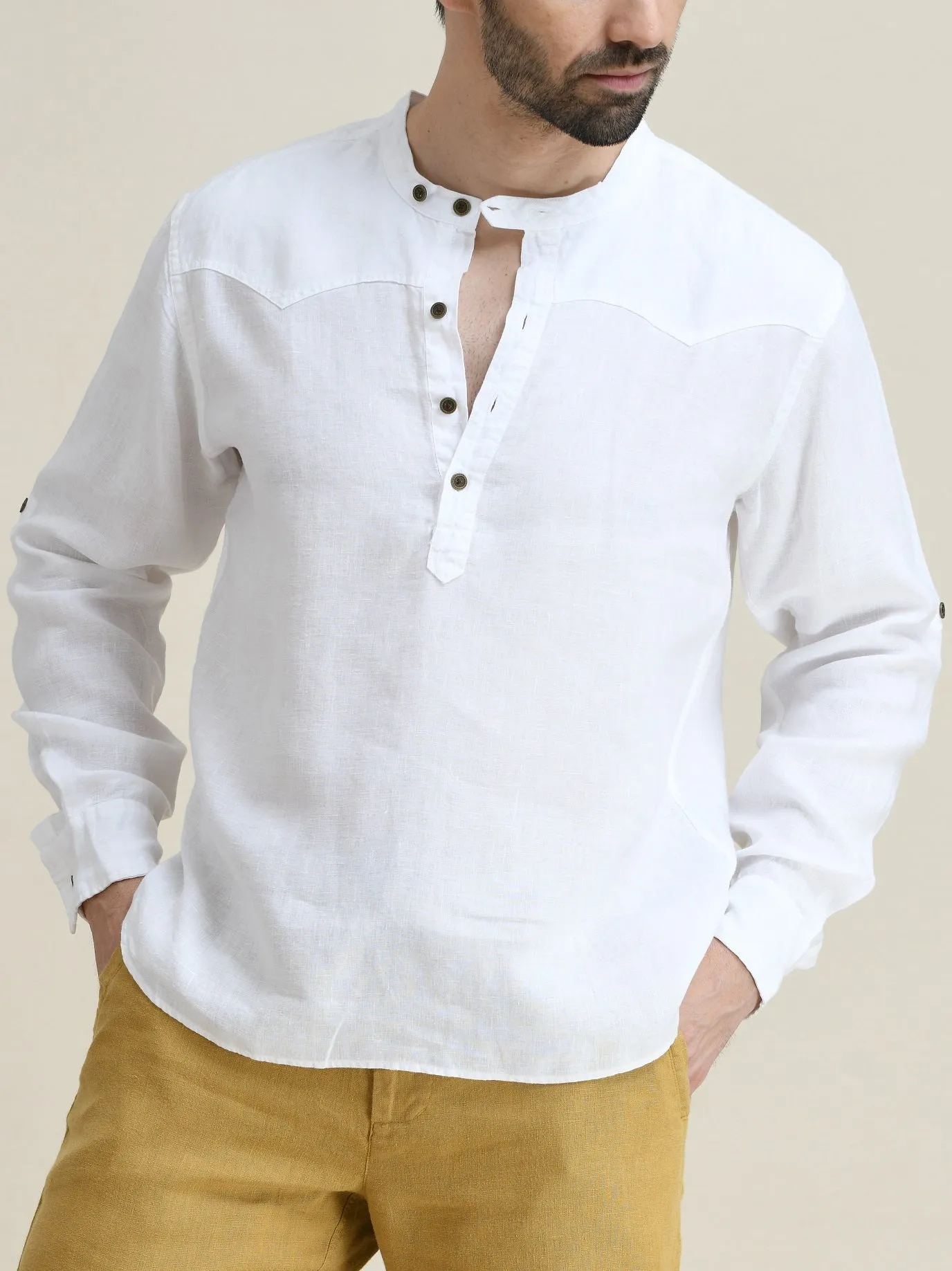 LINEN HALF-PLACKET PULL-ON SHIRT-BAND COLLAR WITH BUTTON-TAB