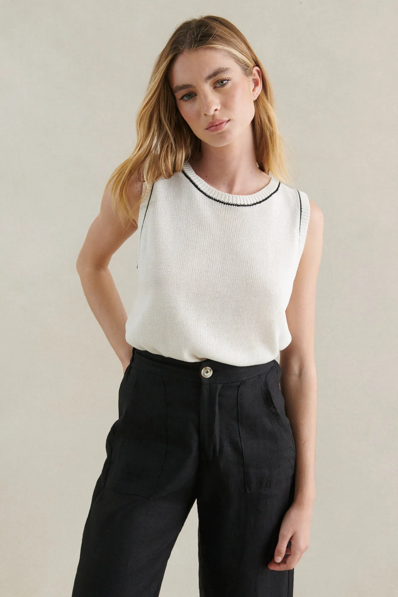 Little Lies Contrast Stitch Tank - white