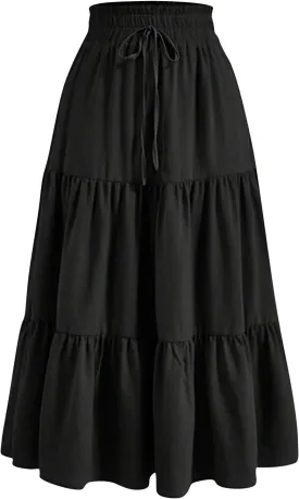 Maxi Skirts for Women Summer Floral Pleated Tiered Boho Flowy Elastic Waist A-Line Spring Beach Vacation Long Skirt