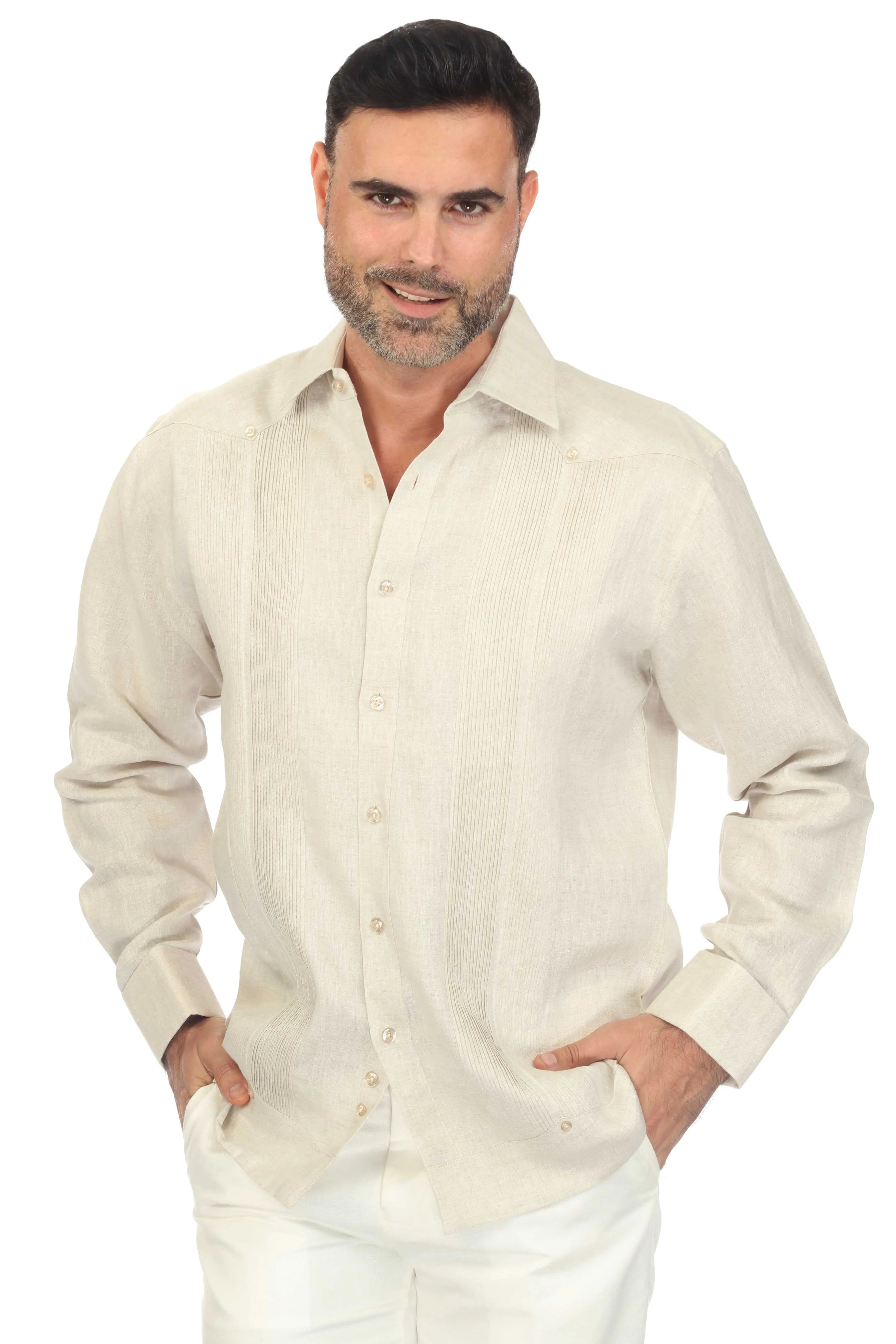 Mojito Collection Men's 100% Linen Guayabera Chacabana Shirt Long Sleeve with French Cuff and Pleating Accent