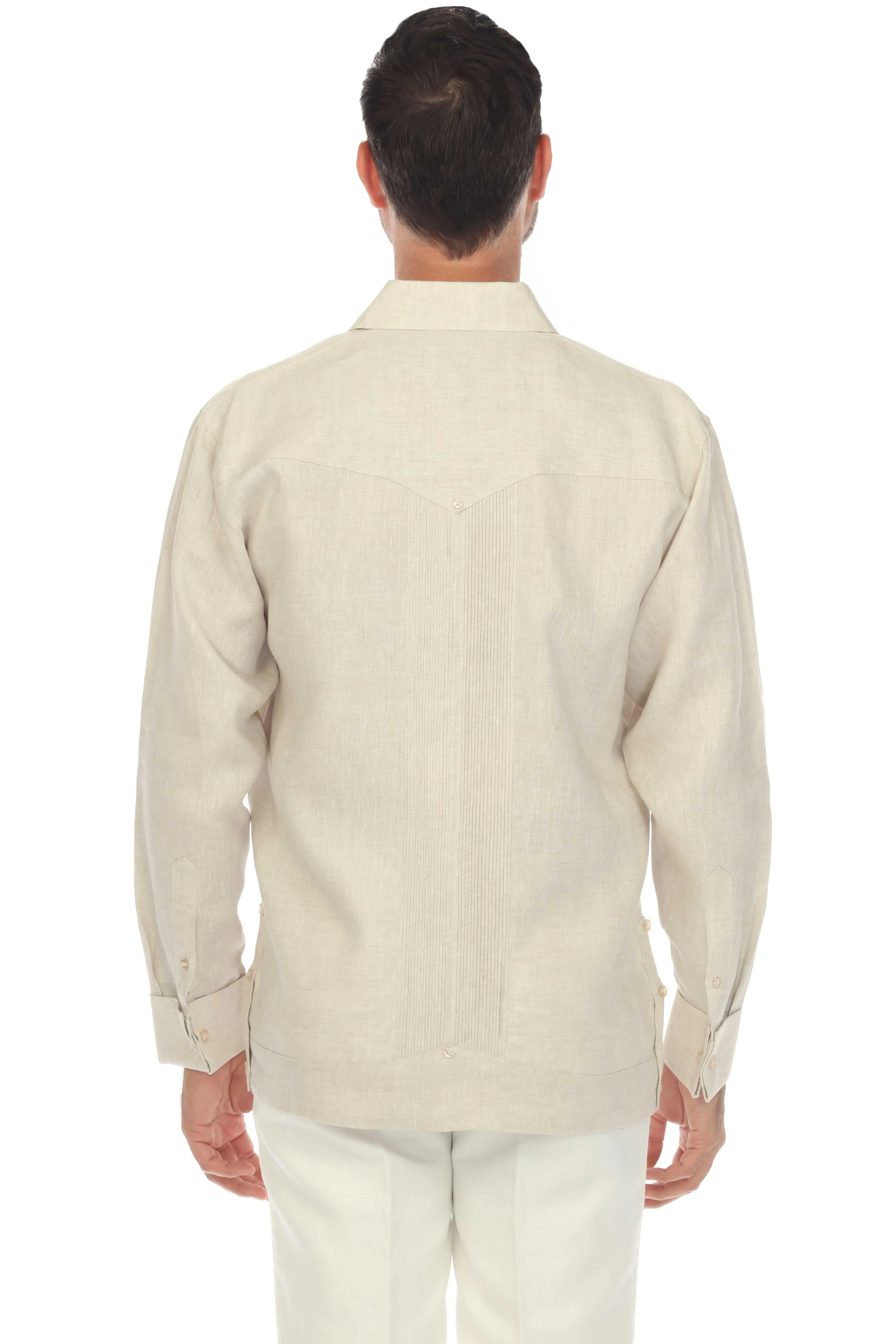 Mojito Collection Men's 100% Linen Guayabera Chacabana Shirt Long Sleeve with French Cuff and Pleating Accent