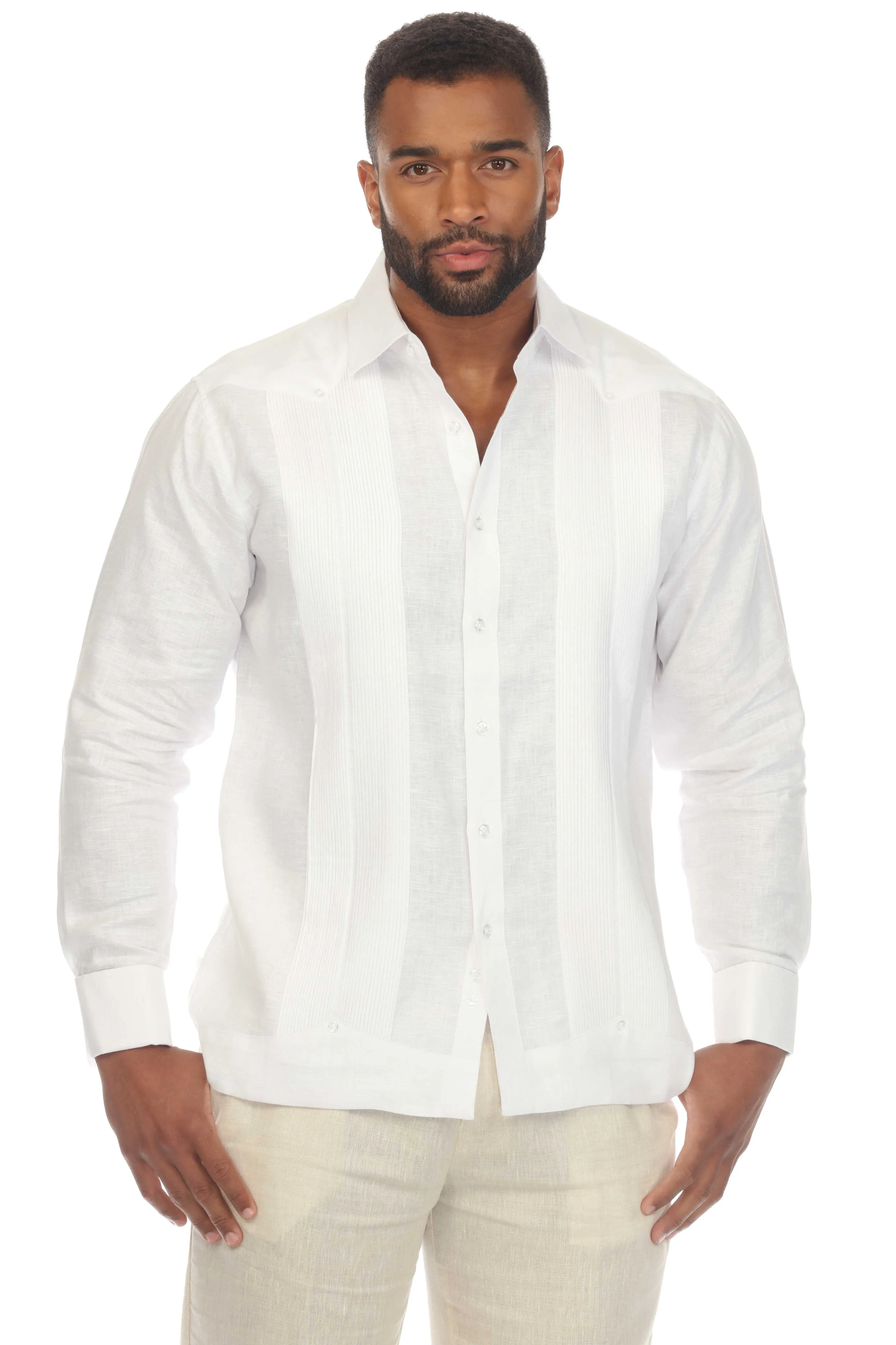 Mojito Collection Men's 100% Linen Guayabera Chacabana Shirt Long Sleeve with French Cuff and Pleating Accent