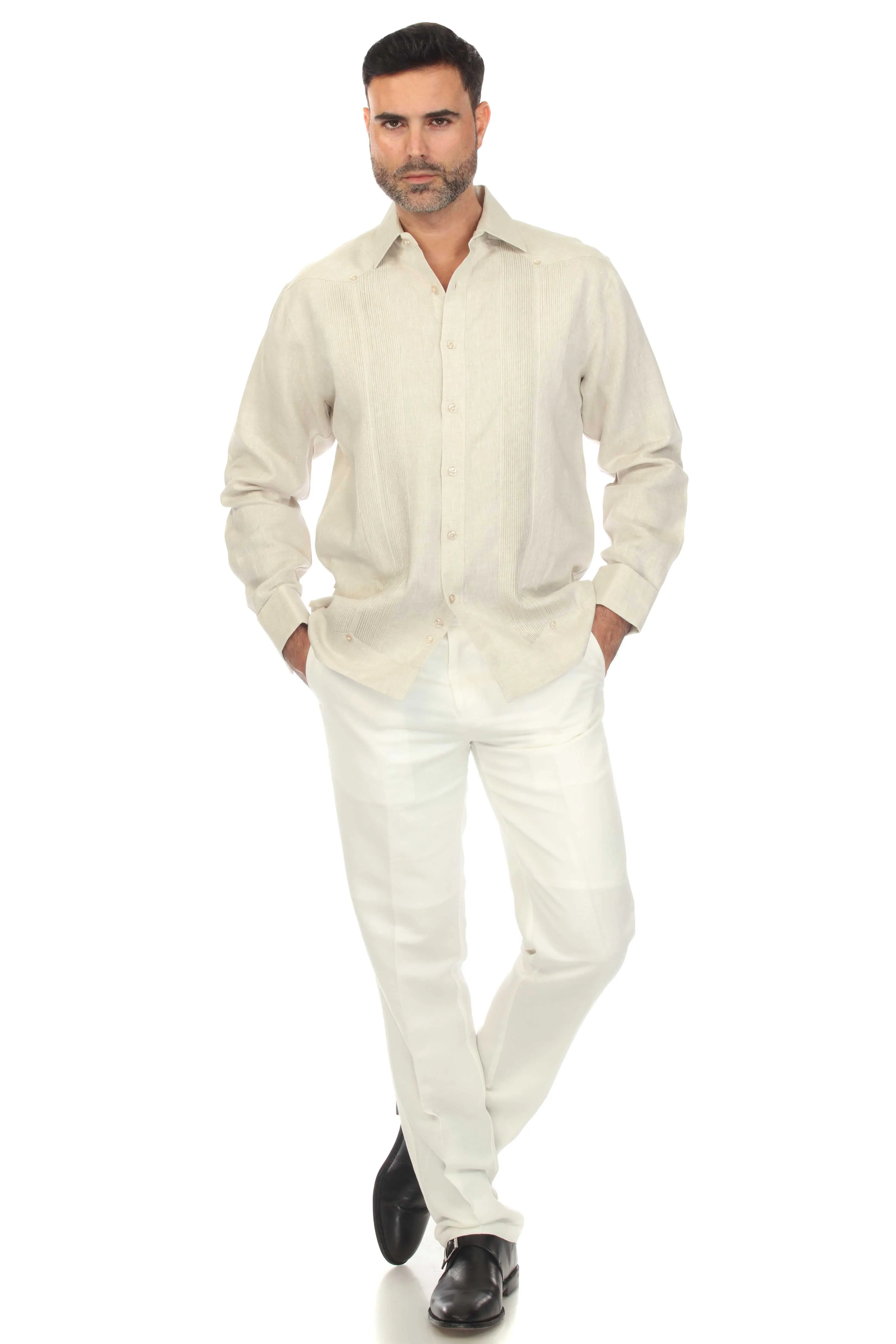 Mojito Collection Men's 100% Linen Guayabera Chacabana Shirt Long Sleeve with French Cuff and Pleating Accent