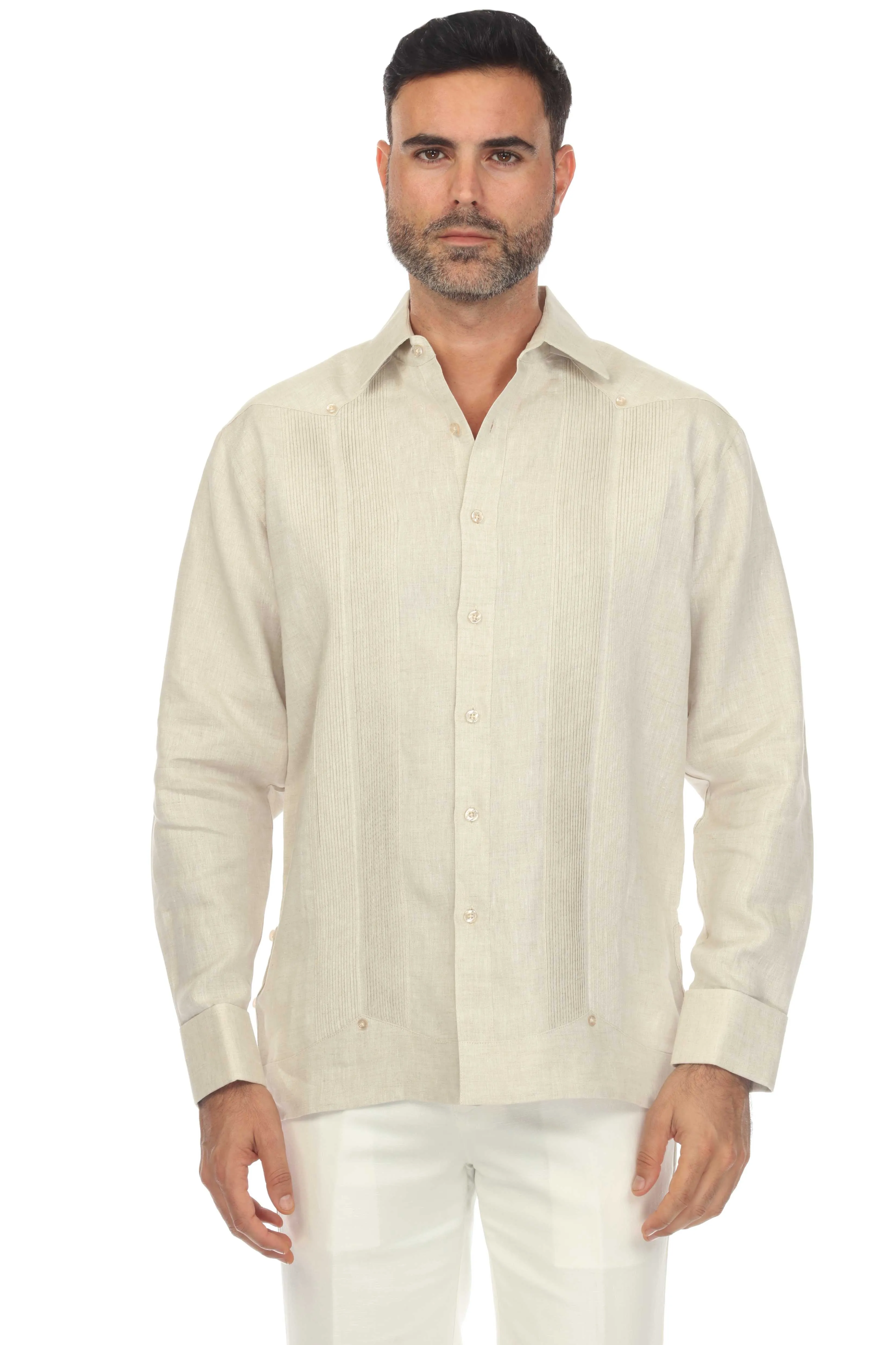 Mojito Collection Men's 100% Linen Guayabera Chacabana Shirt Long Sleeve with French Cuff and Pleating Accent