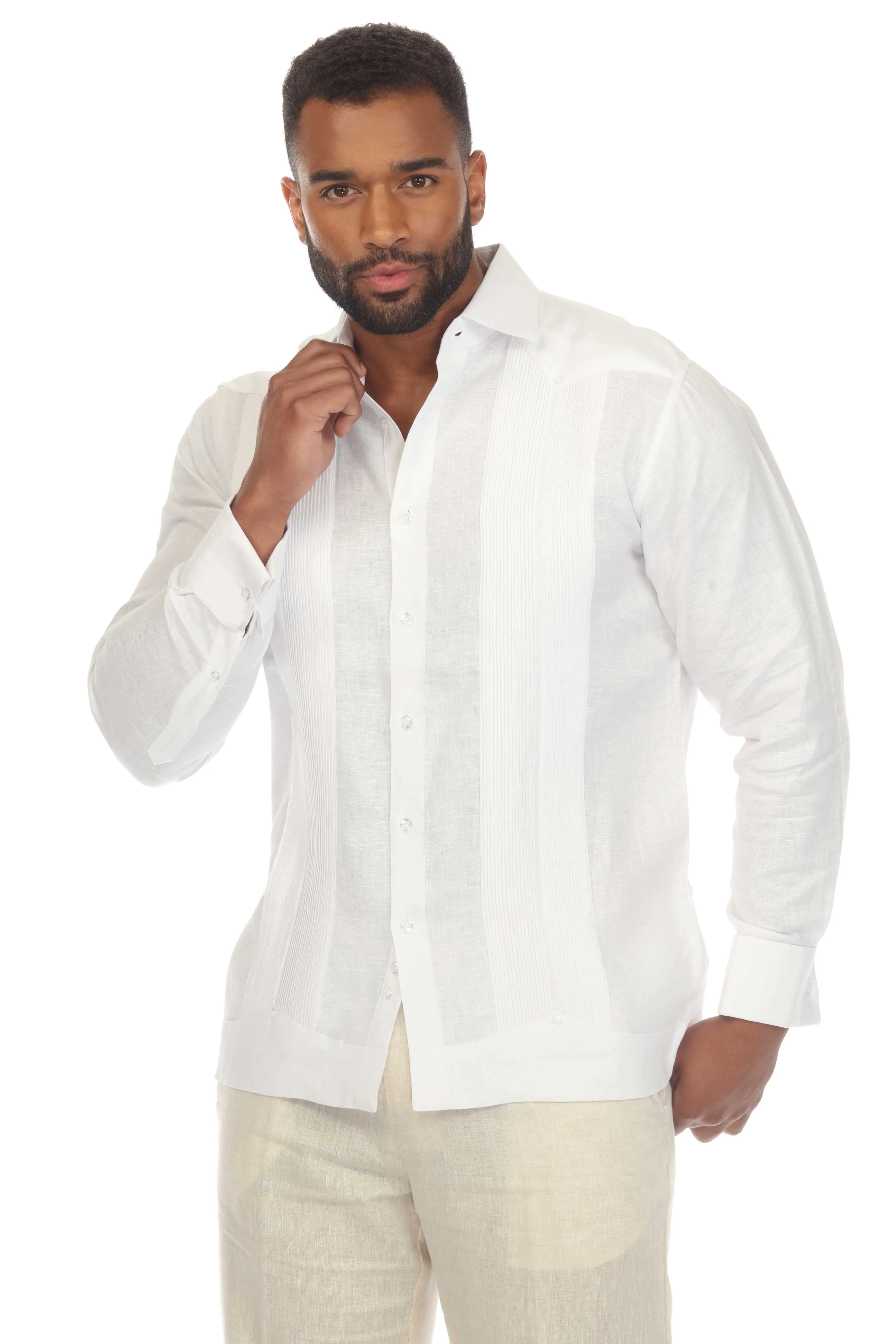 Mojito Collection Men's 100% Linen Guayabera Chacabana Shirt Long Sleeve with French Cuff and Pleating Accent