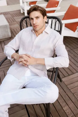 Mojito Collection Men's 100% Linen Guayabera Chacabana Shirt Long Sleeve with French Cuff and Pleating Accent