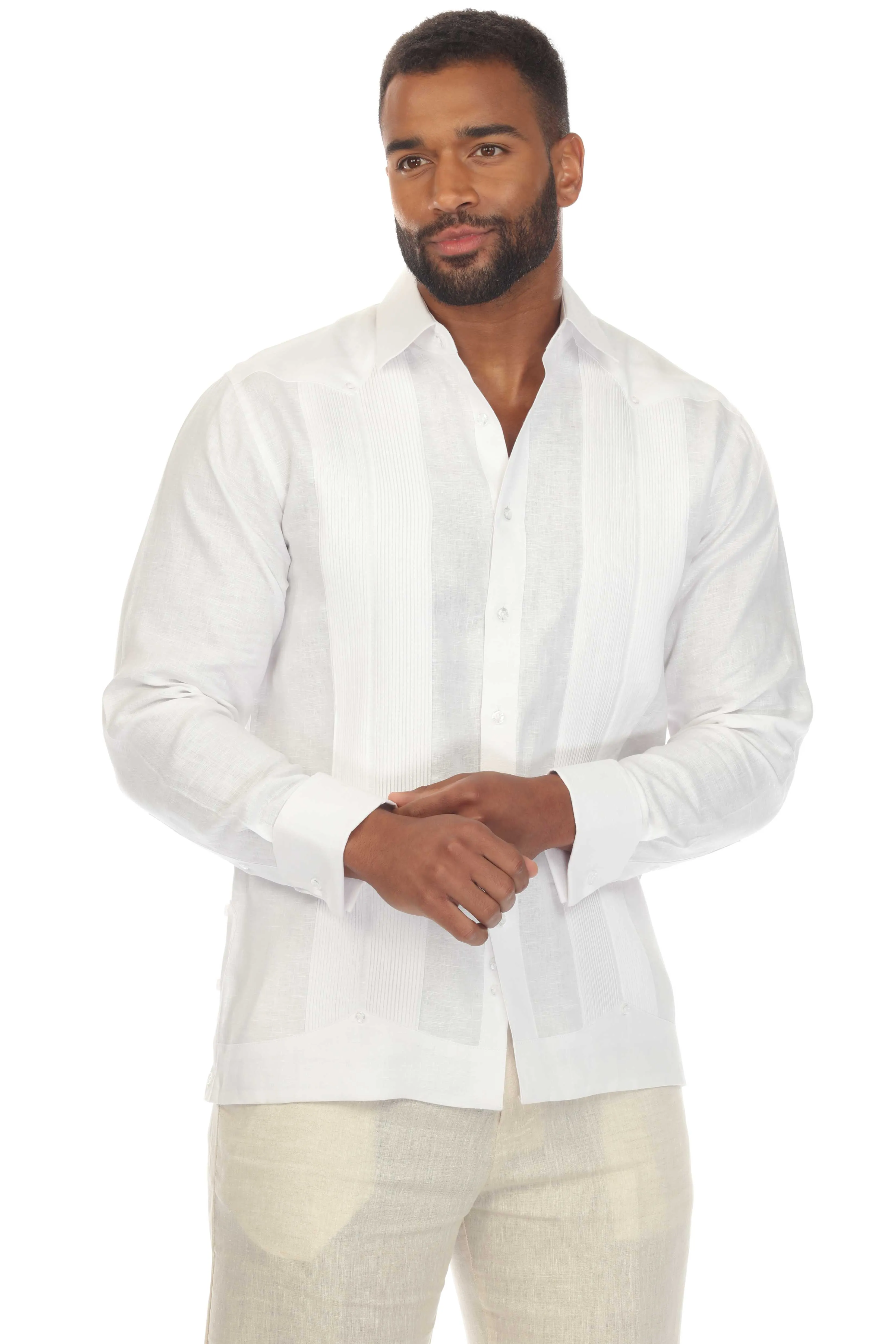 Mojito Collection Men's 100% Linen Guayabera Chacabana Shirt Long Sleeve with French Cuff and Pleating Accent