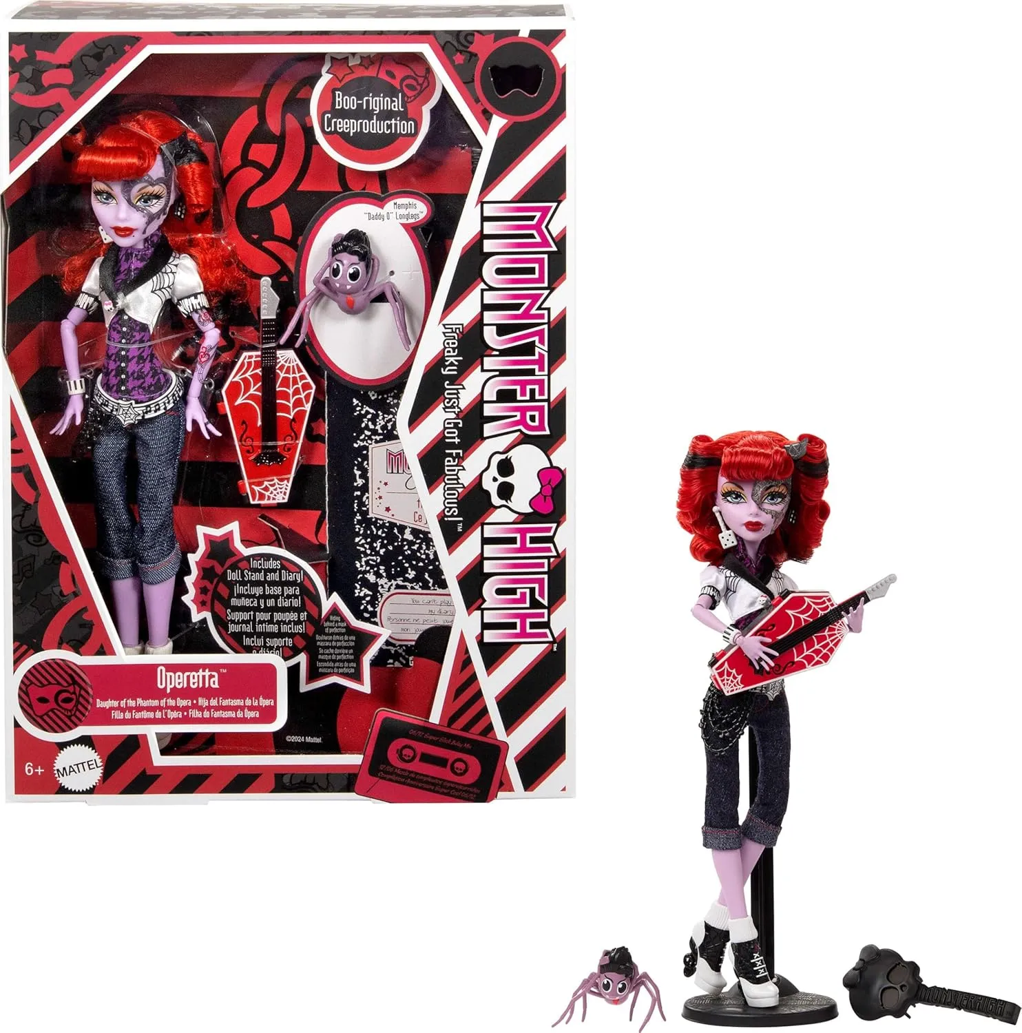 Monster High Boo-riginal Creeproduction Doll, Operetta Collectible Reproduction with Doll Stand, Diary, and Pet Spider Memphis Daddy O Longlegs