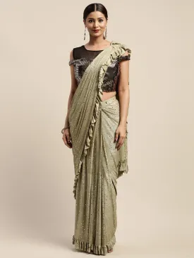Neeru's Olive Color Viscose Rayon Fabric Drape Saree With Stitched Blouse