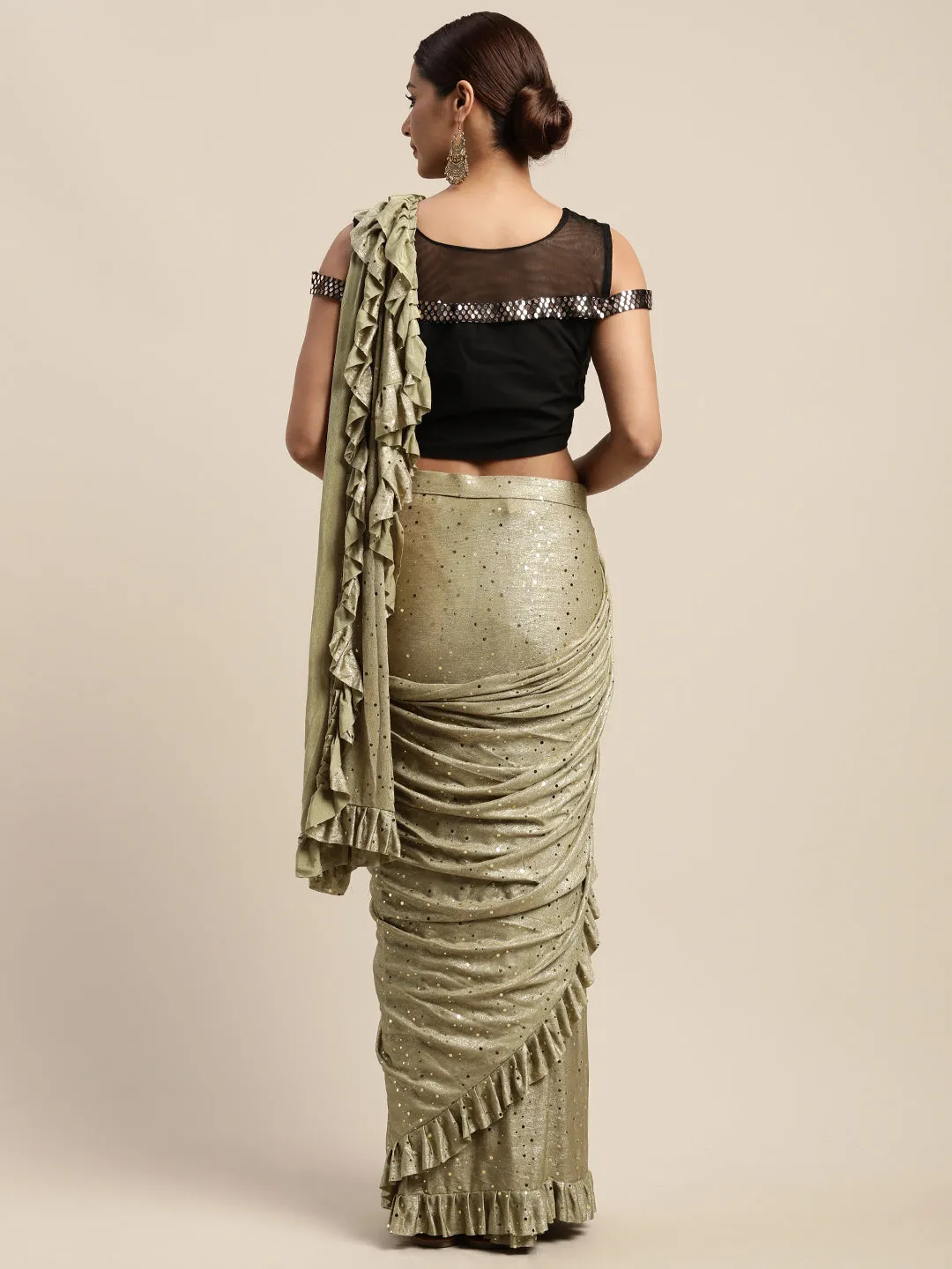 Neeru's Olive Color Viscose Rayon Fabric Drape Saree With Stitched Blouse