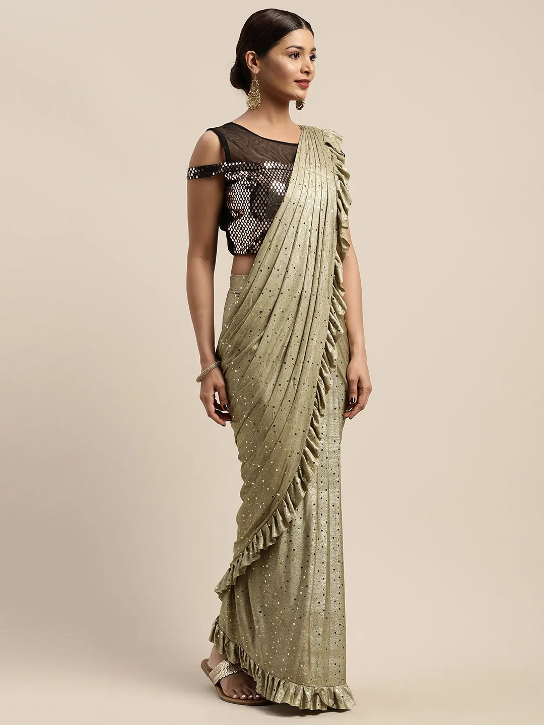 Neeru's Olive Color Viscose Rayon Fabric Drape Saree With Stitched Blouse
