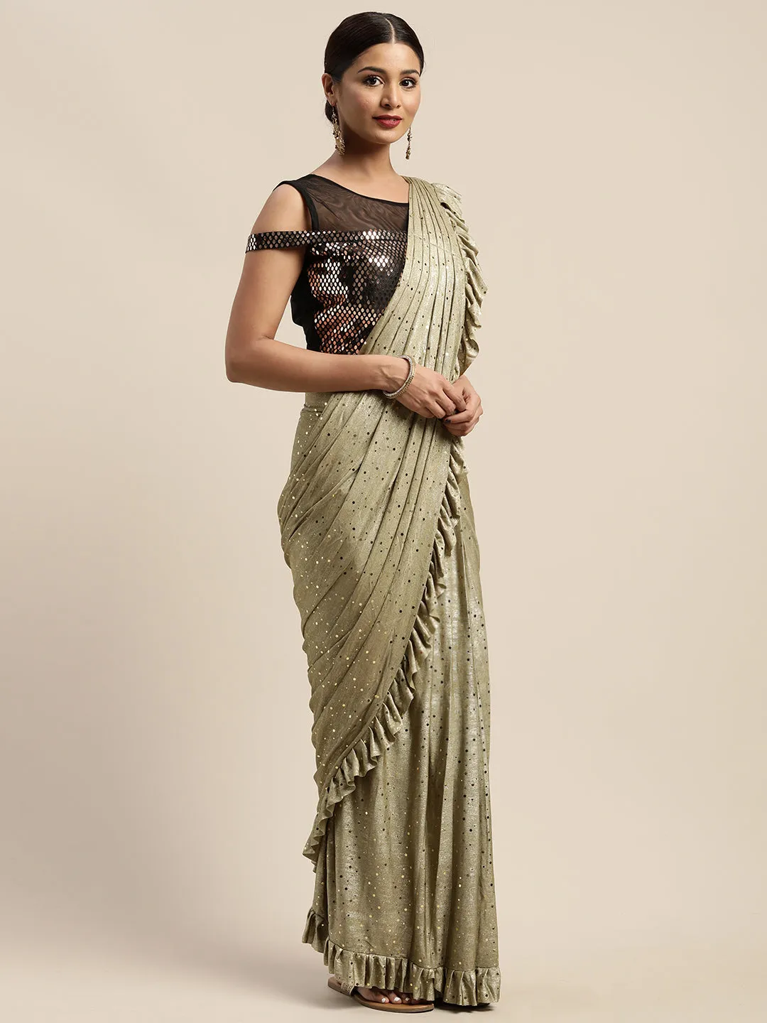 Neeru's Olive Color Viscose Rayon Fabric Drape Saree With Stitched Blouse