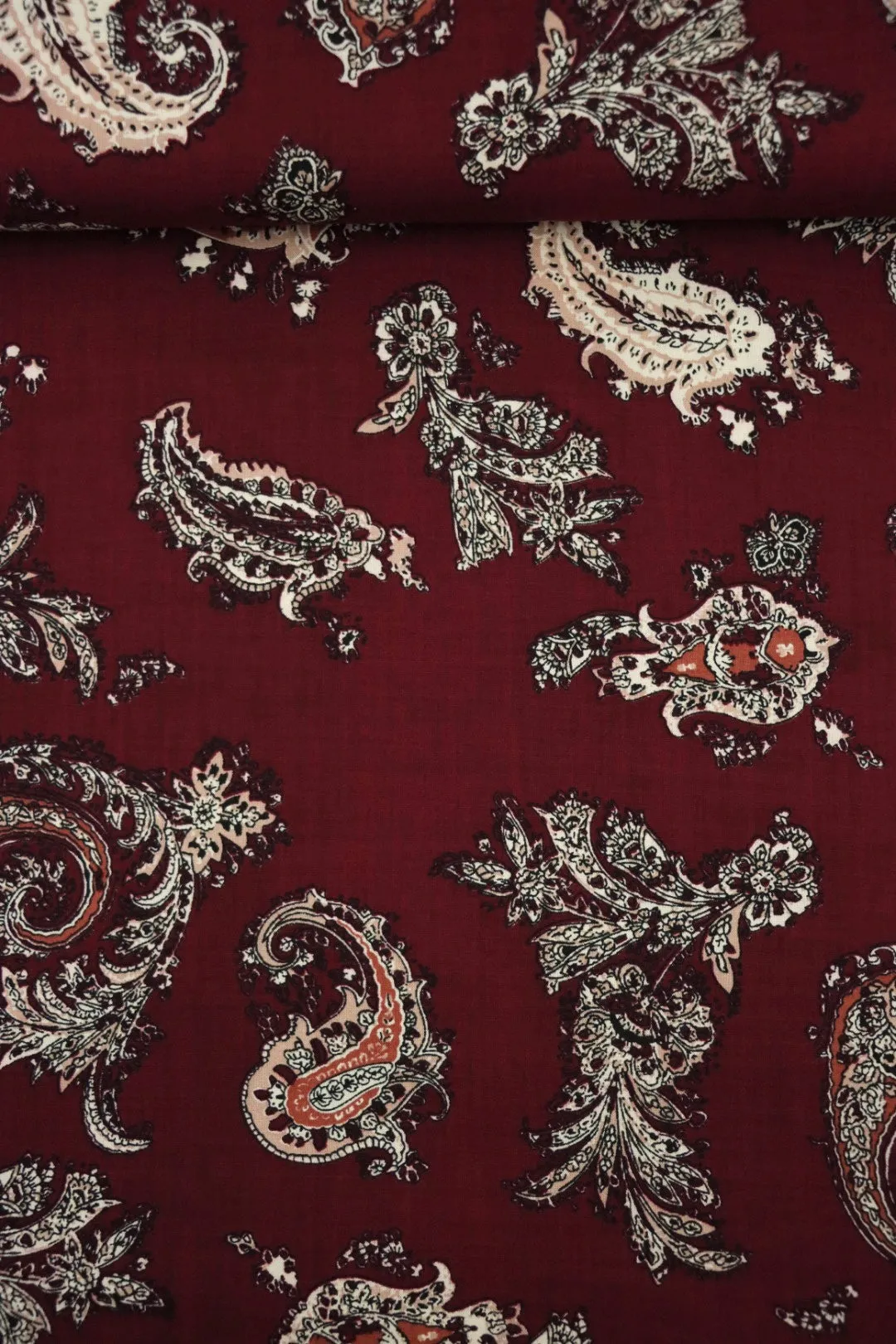 Paisley Elements on Burgundy Rayon Challis